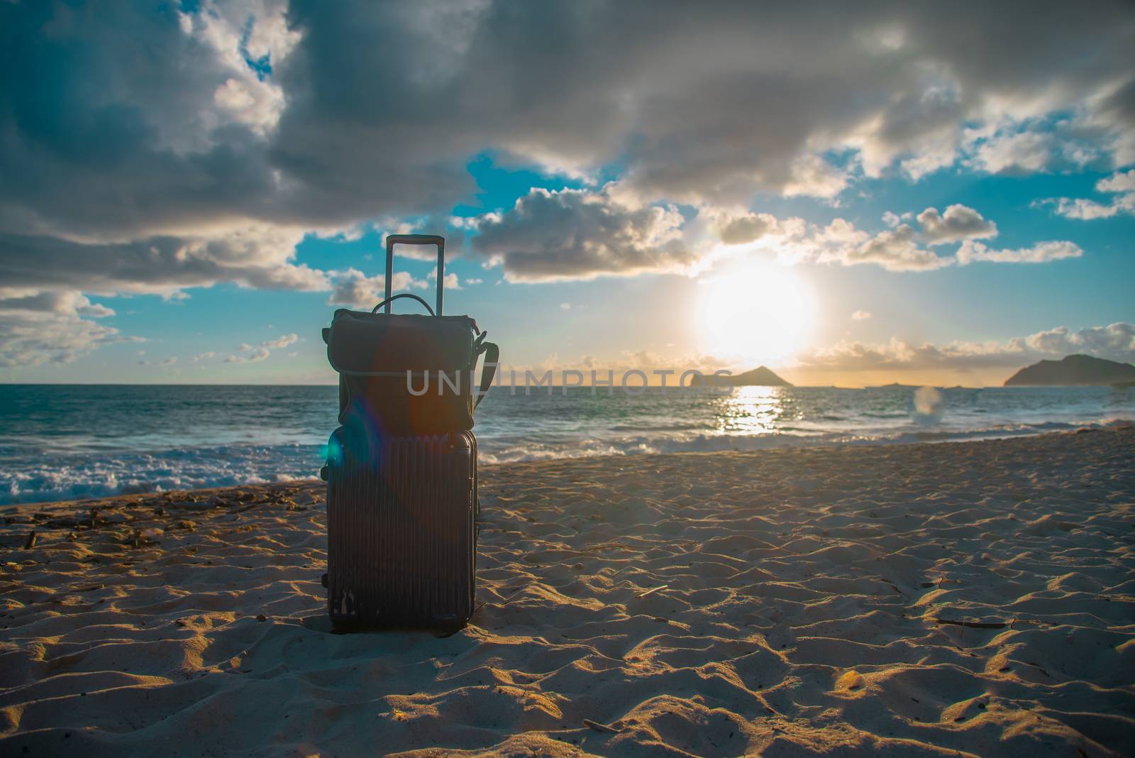 Suit Case and Hawaii pacific ocean in Oahu island, America by JasonCarr
