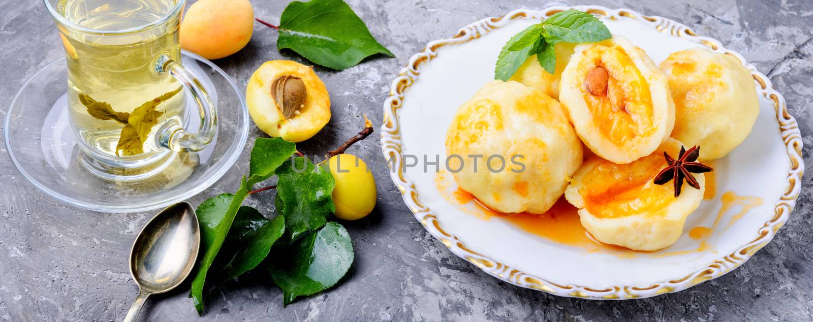National dish of Czech and Slovak cuisine of dumplings with apricot