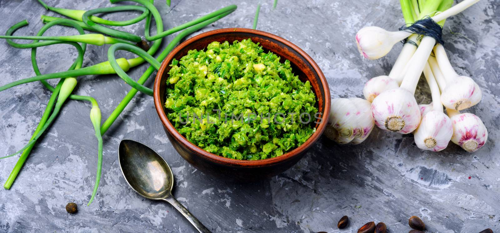 Homemade italian pesto sauce and ingredients.Italian food