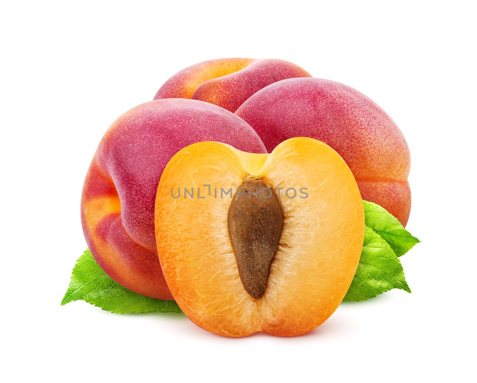 Group of apricots isolated on white background with clipping path, fresh and ripe peaches with leaves