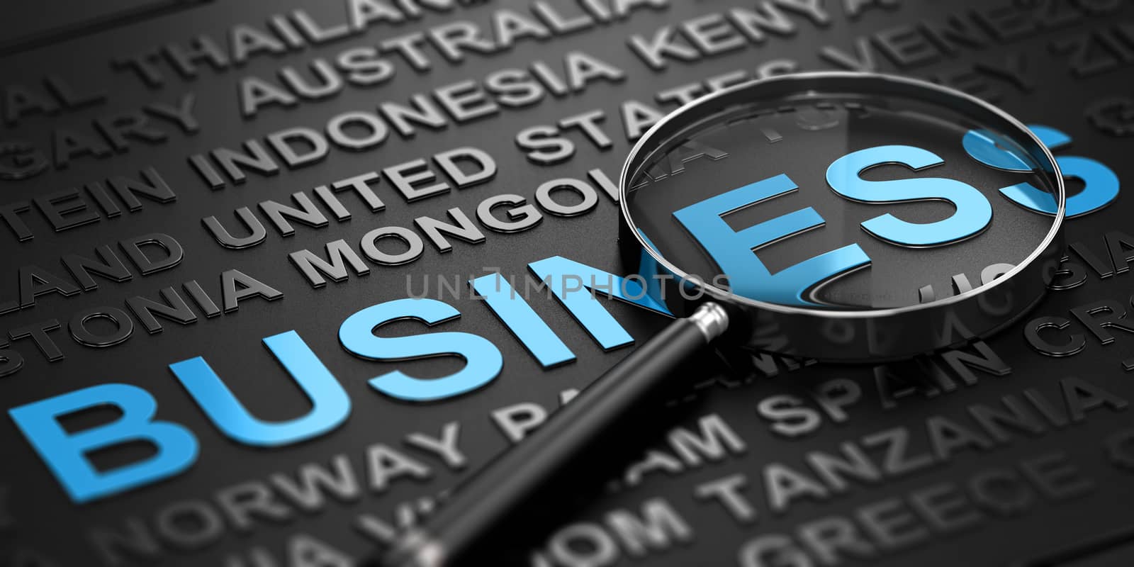 3D illustration of a magnifying glass over black background and focus on the word business. International opportunities concept.