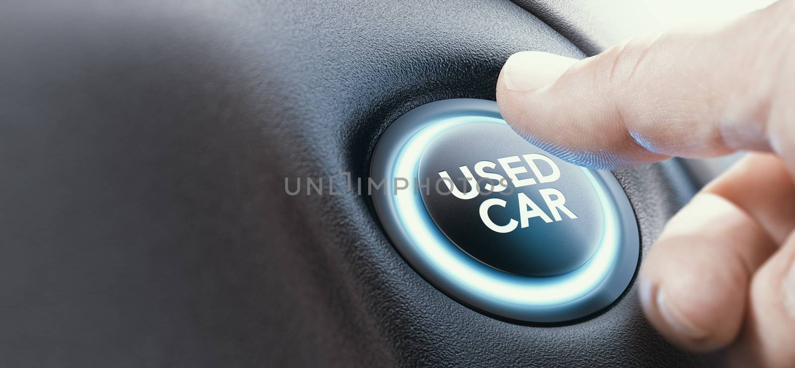 Finger pressing the start button of an used car. Composite image between a hand photography and a 3D background.