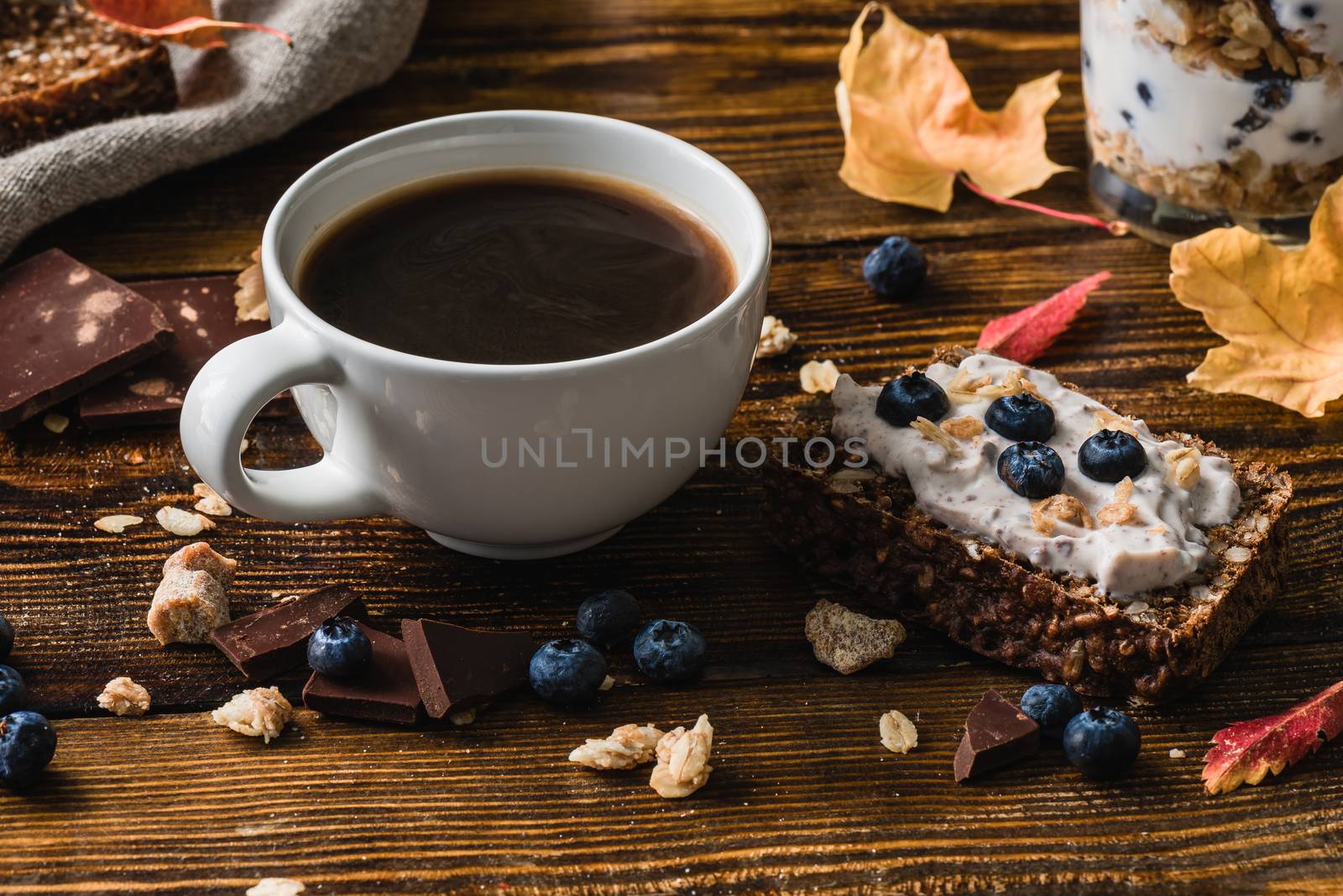 Cup of Coffee with Blueberry Toast for Tasty Breakfast