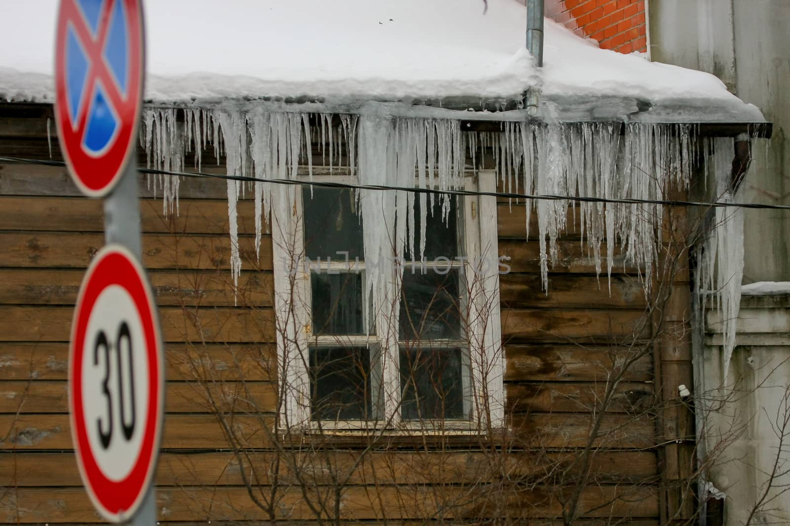 House with icicles in Cesis, Latvia.