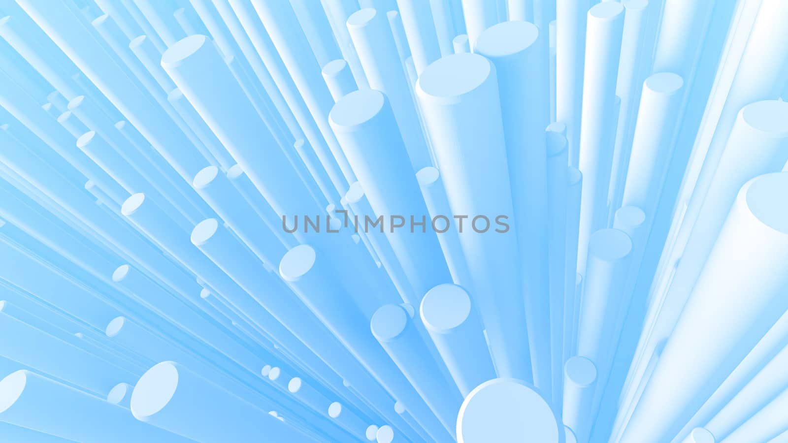 An optical art 3d rendering of abstract and towering white cylinders growing up up from the light blue background. They shape the spirit of amasement, art and freedom.