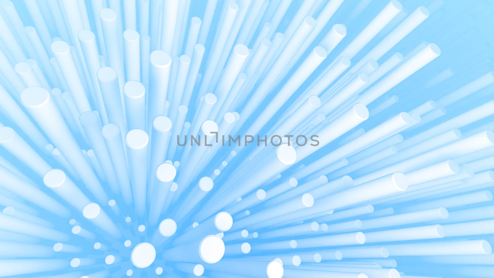 A striking 3d illustration of a bunch of abstract and sky-high white cylinders growing from the light blue backdrop. They generate the mood of freedom, inspiration and high art.