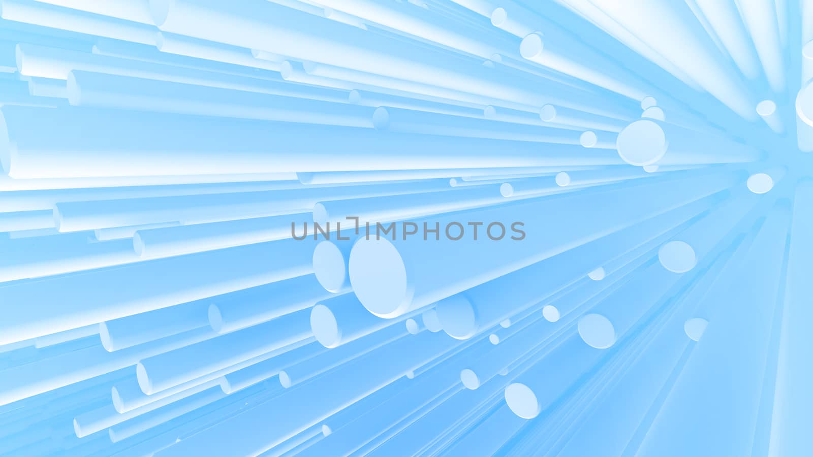 A graphic 3d illustration of horizontally located white cylinders stretching from the celeste backdrop. They shape jovial and happy mood with a pinch of freedom.