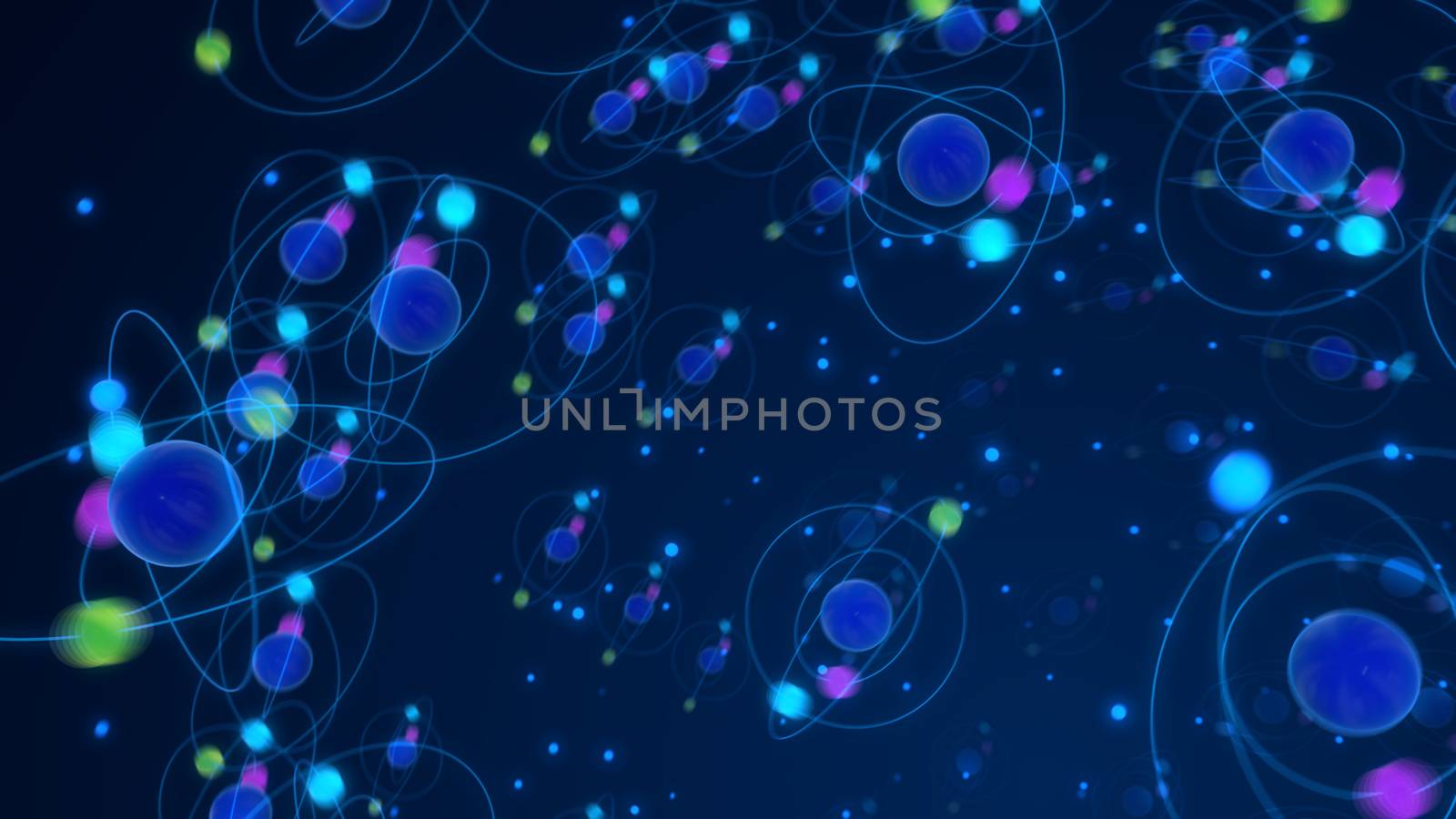 A volumetric 3d illustration of abstract colorful atoms rotating around the central one in a funny way in the dark blue background. They shape the mood of chemistry and fun.