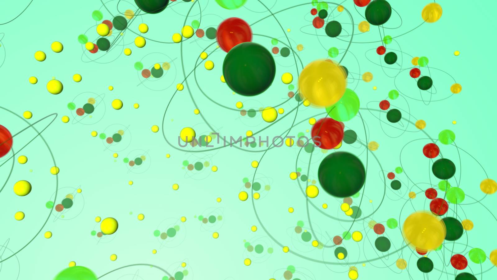 A funny 3d illustration of multicolored atoms whirling around the big central in an active way in the light olive backdrop. They form the mood of science, freedom and optimism