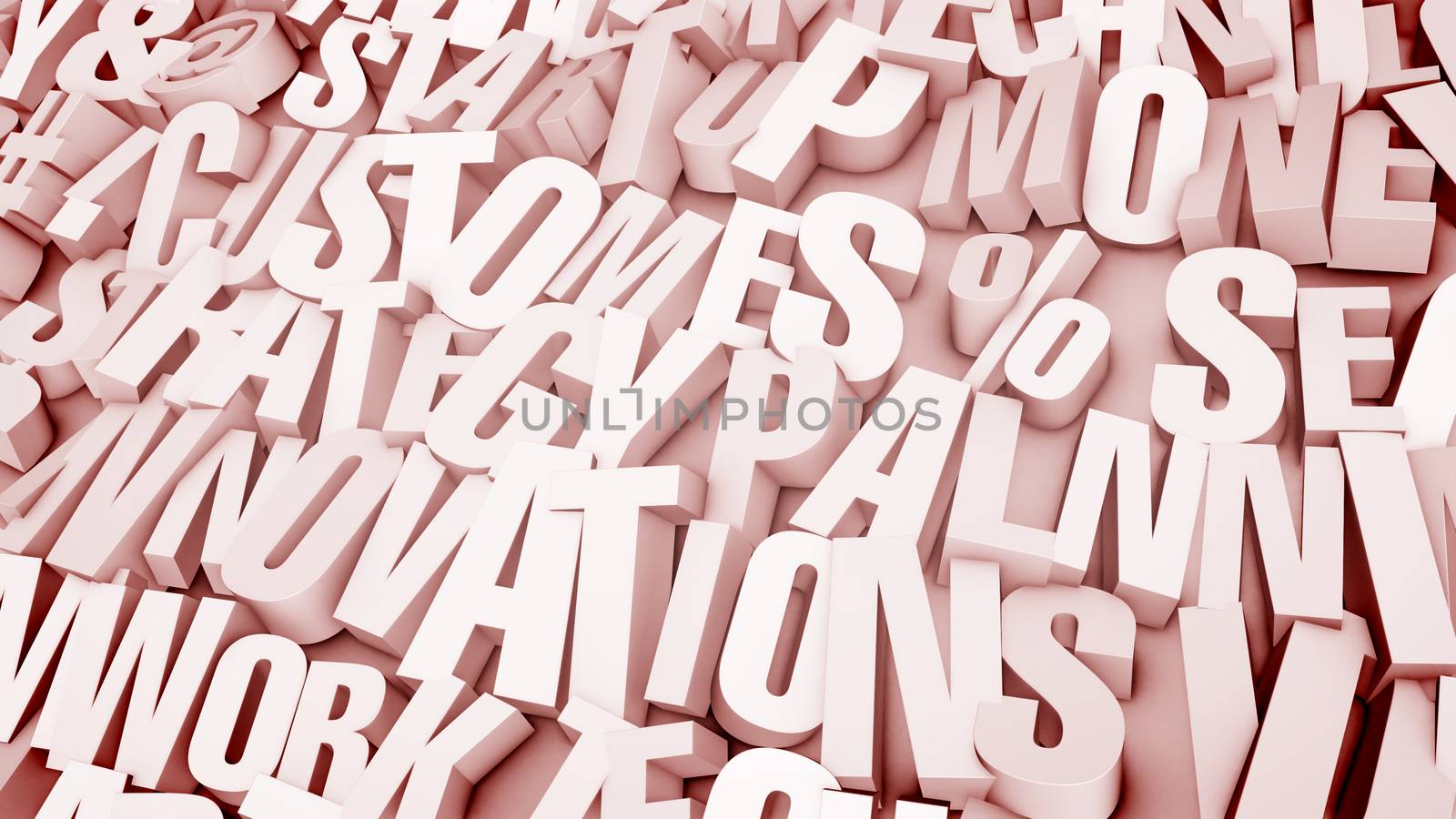 An inspirational 3d illustration of broken words located on white and camel backdround. They lie in inclined rows and shape the mood of art, freedom and thought. 