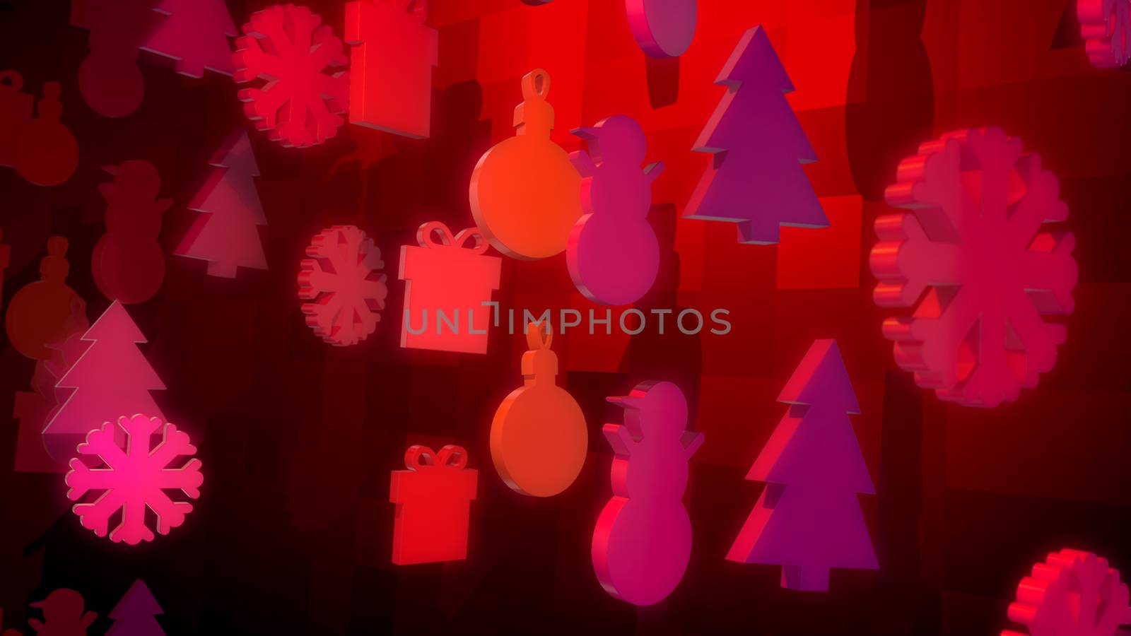 A cheery 3d illustration of Christmas wooden figures flying and spinning around in the purple background. They shape the mood of happiness, celebration and fest.