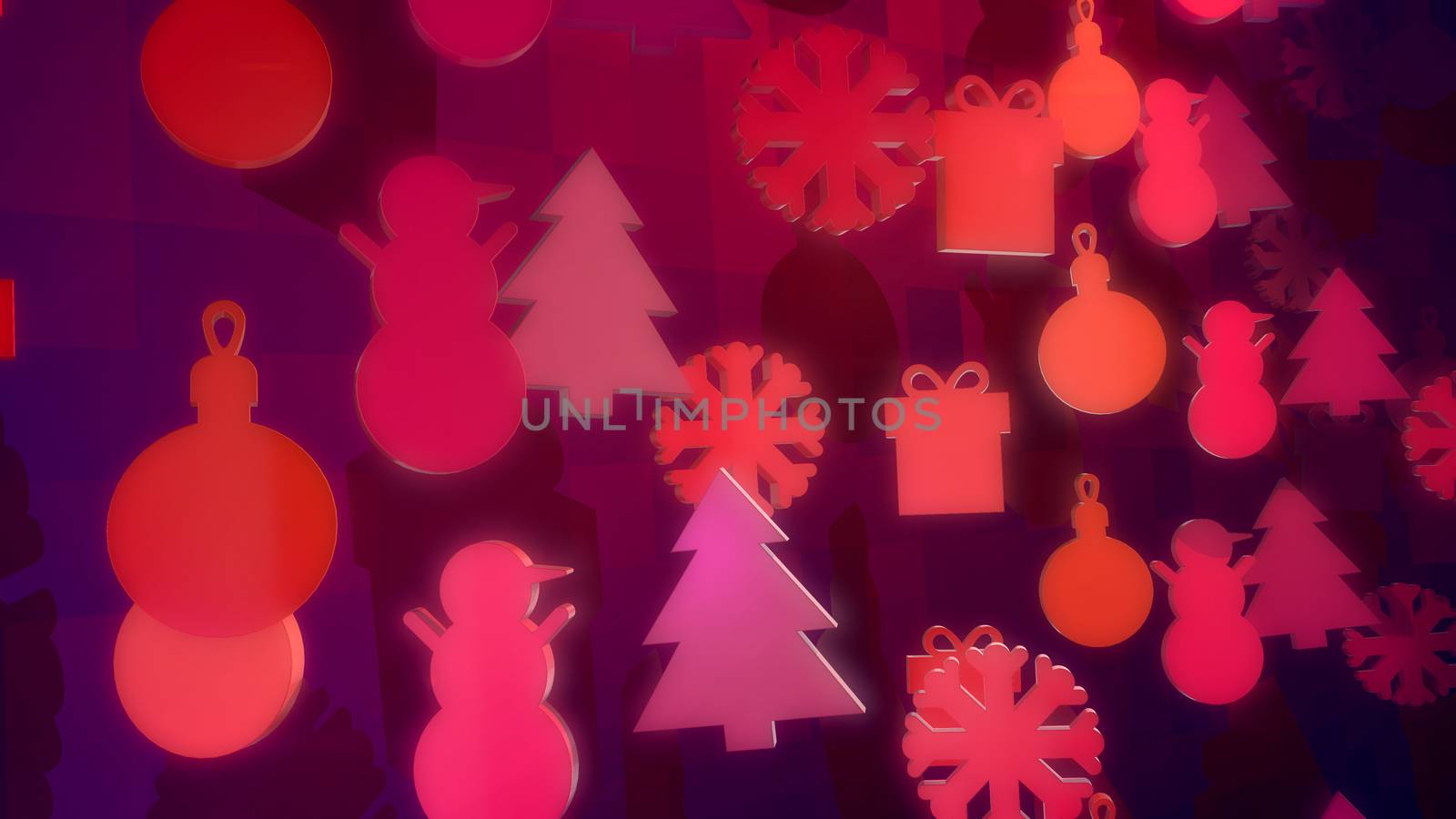 An inspiring 3d illustration of Christmas holiday toys creating festive mood and portraying snowmen, fir trees, snowflakes spinning around in the purple background