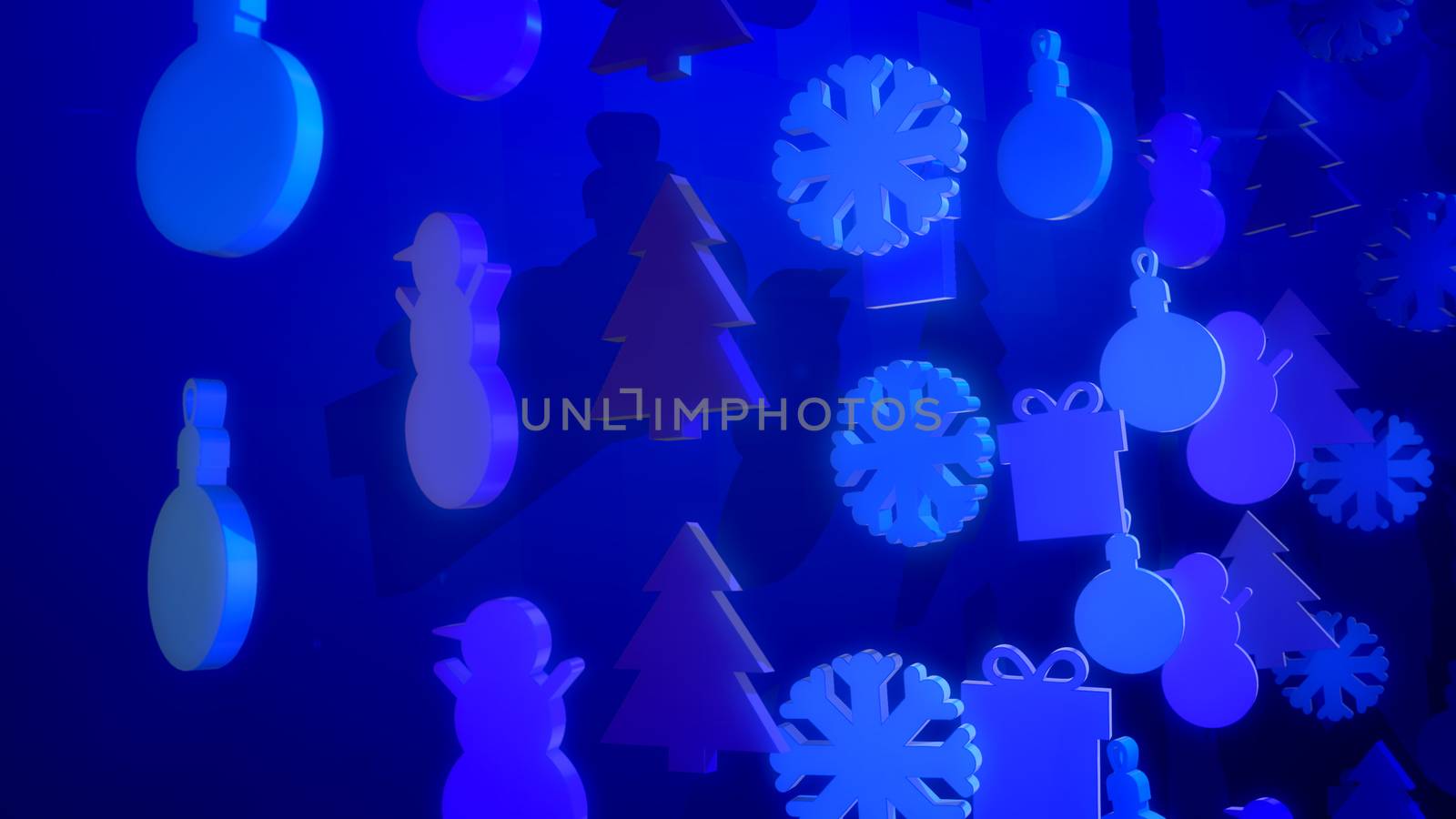 A happy 3d illustration of Christmas holiday toys creating jolly mood and showing snowmen, fir trees, festive balls, snowflakes, presents whirling around in the blue background.