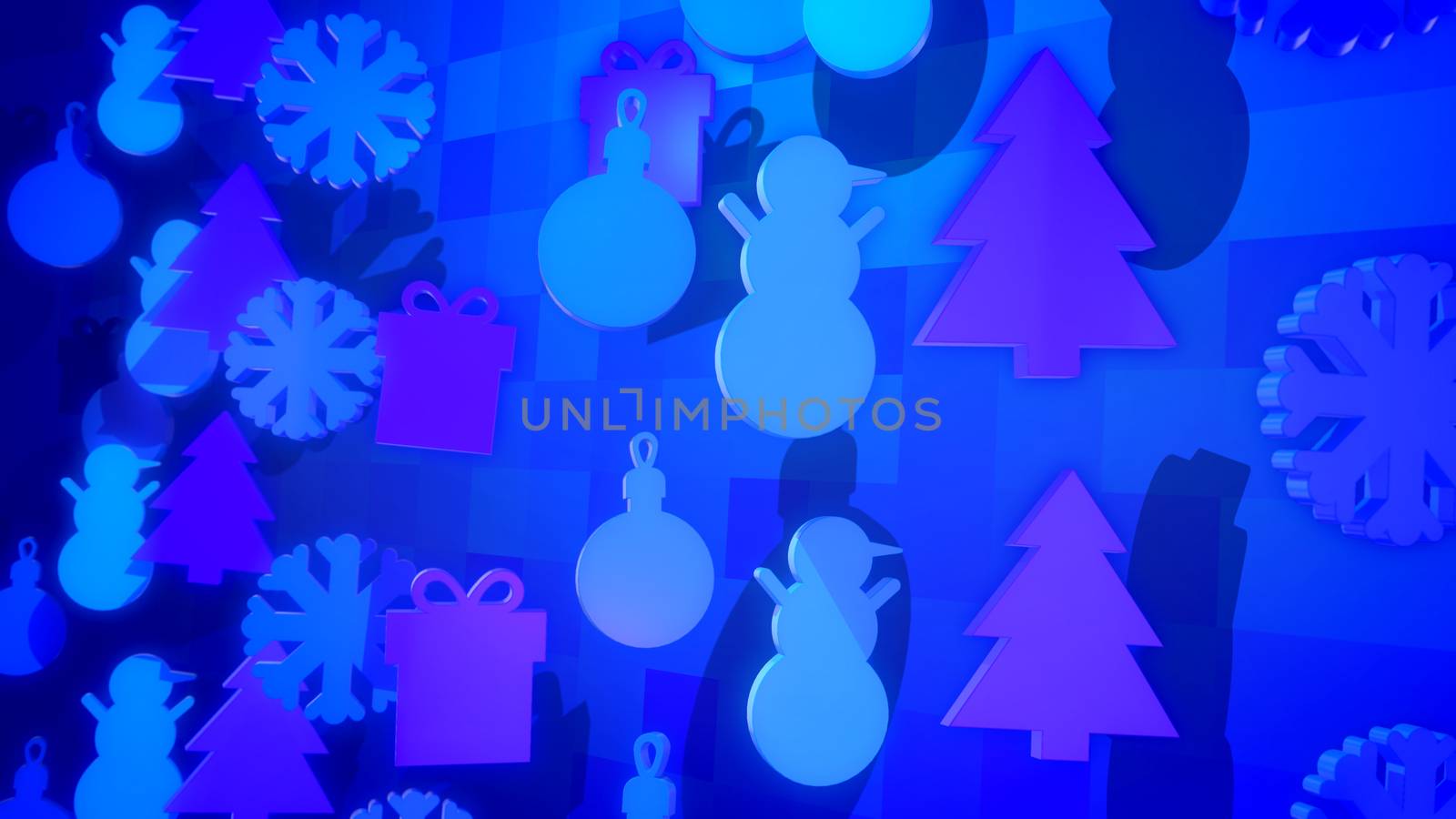 A jolly 3d illustration of Christmas holiday silouettes forming festive and happy mood and showing snowmen, fir trees, gift boxes spinning around in the blue background.