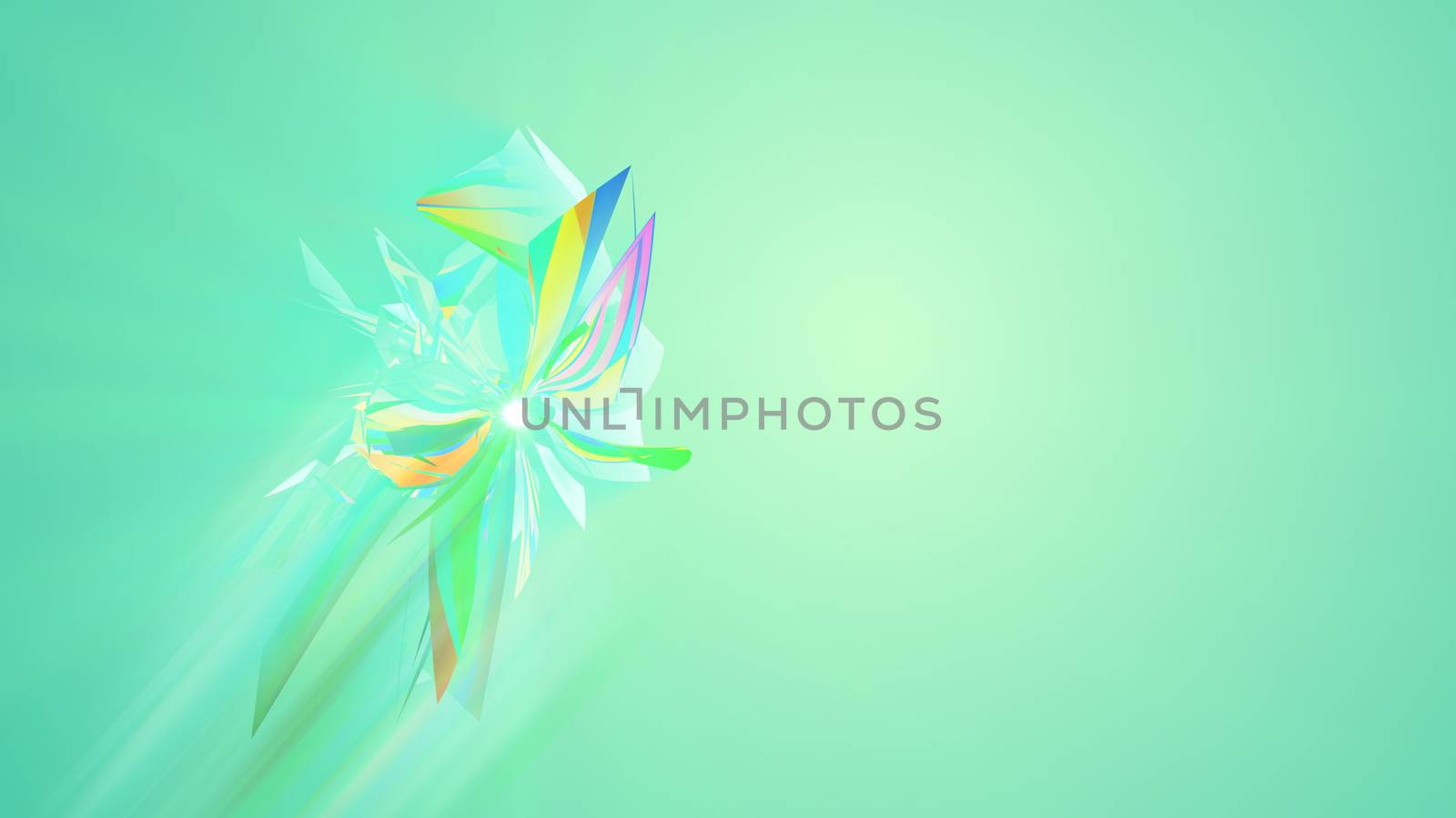 An opt art 3d illustration of polygonal and shining triangles spinning around like enigmatic creatures in the light green background. They form the mood of art and luxury