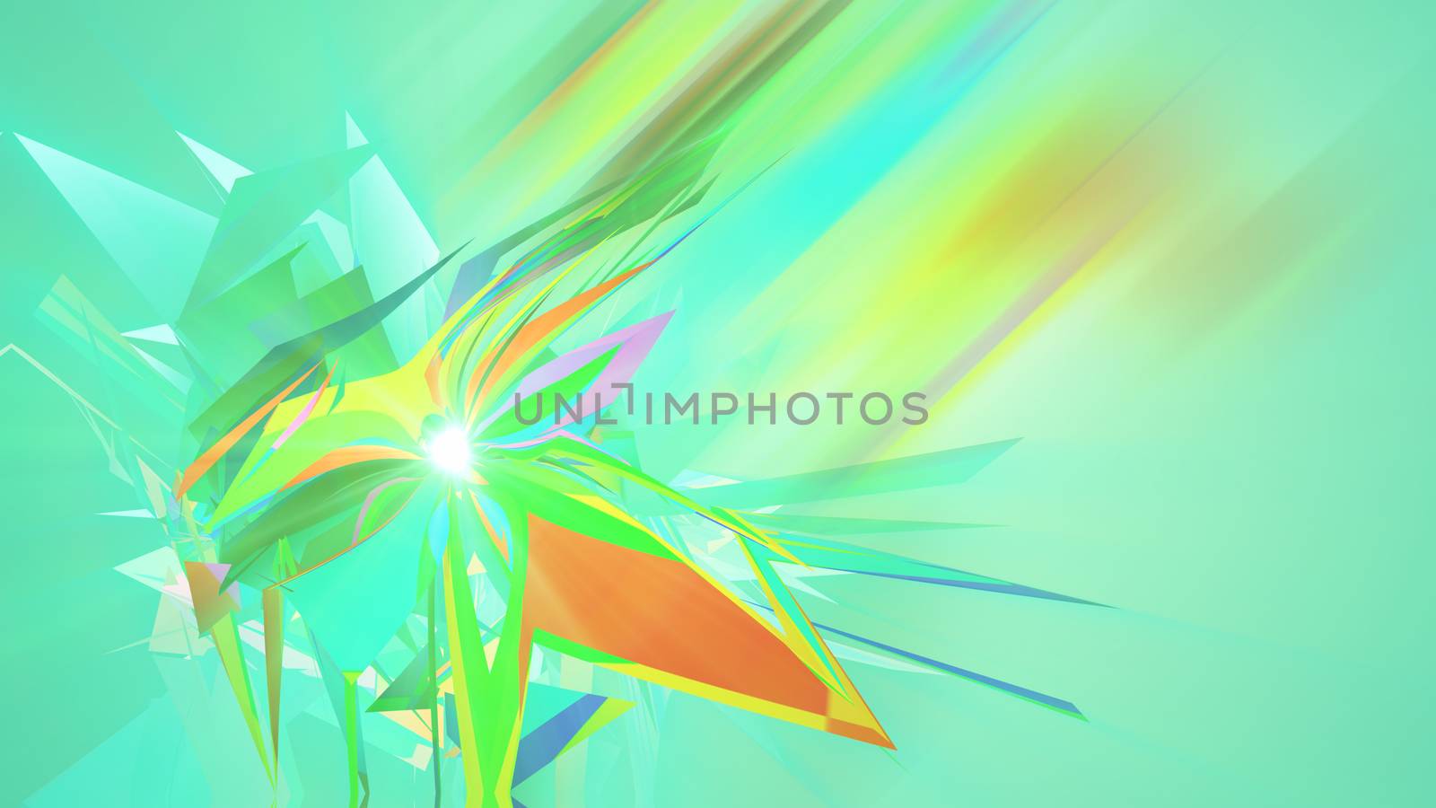 An arty 3d illustration of polygonal and multishaped triangles whirling around in the light green background. They create the mood of abstract art, big idea and fest.