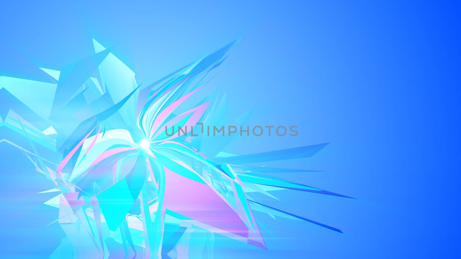 An abstract art 3d illustration of shimmering see-through triangles spinning around like diamond crystals in the celeste background. They create the mood of luxury and impression.