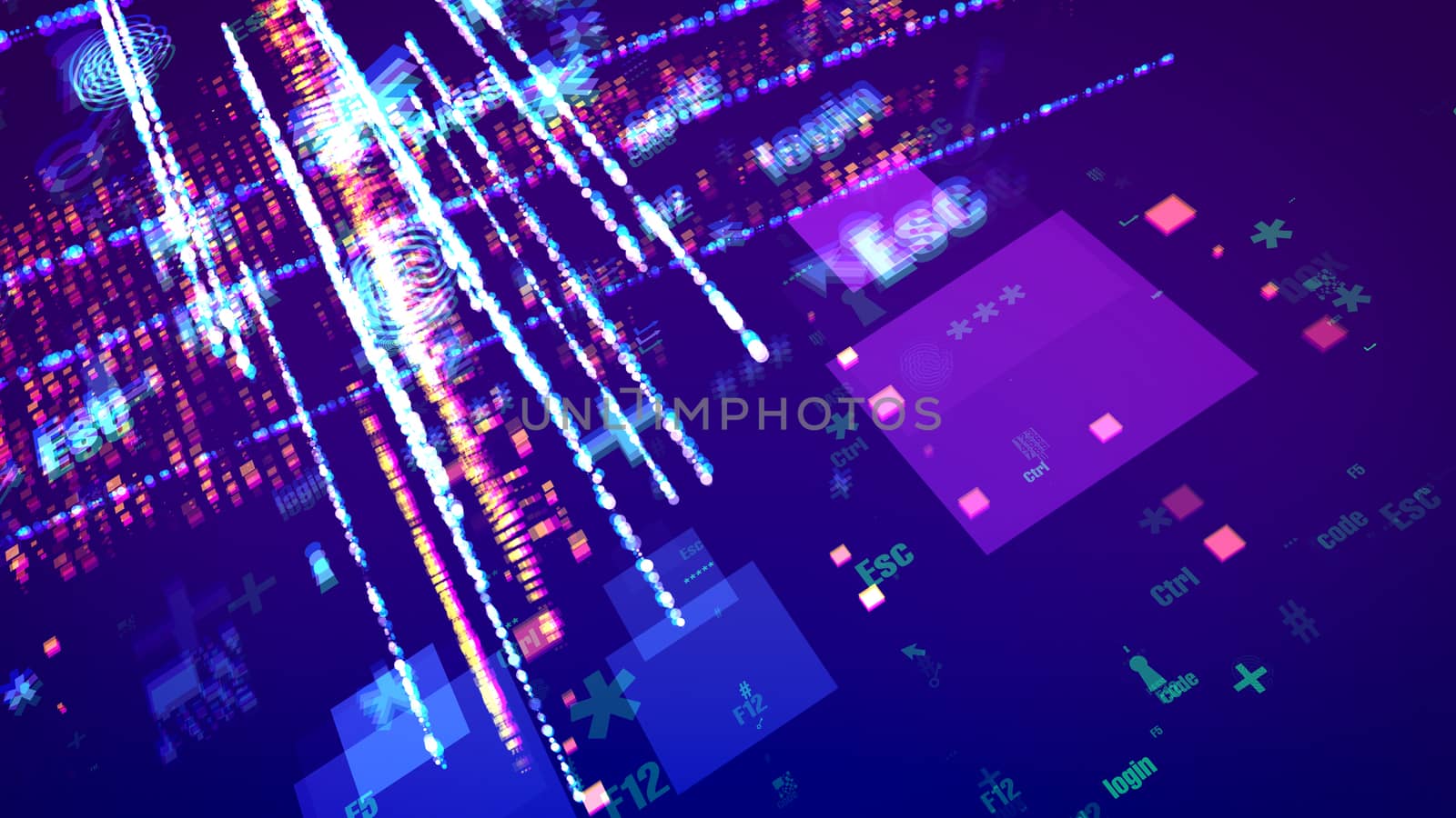 An amazing 3d illustration of cyber symbols such as number, grate, arrow, star, escape, square, flying cheerfully among lines of pink dots in the dark violet background