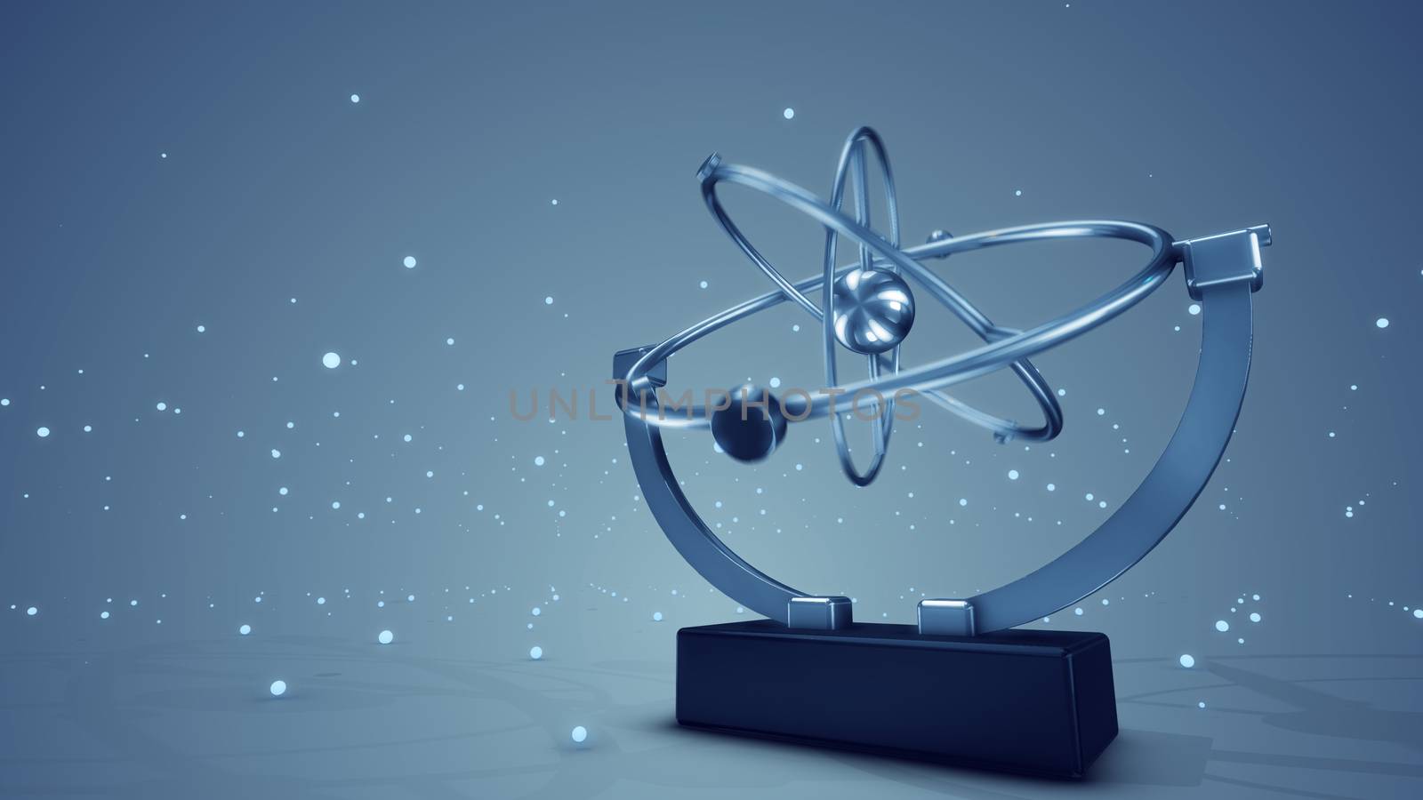 A holographic 3d illustration of a metallic pendulum swaying in three spheres in various directions with stars moving in the grey background. It looks sci-fi.