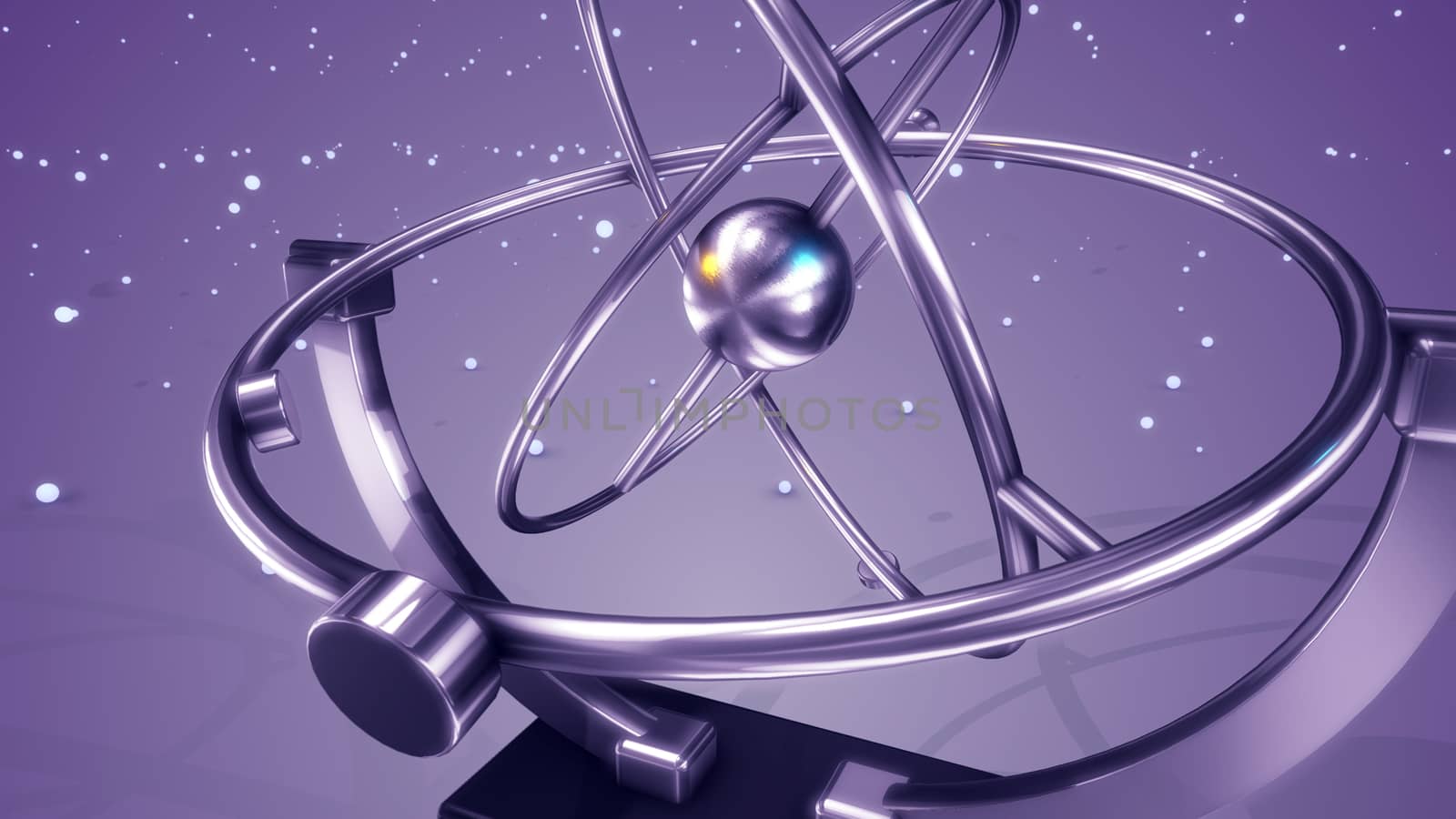 An artistic 3d illustration of a silver pendulum swaying in three spheres back and forth with glittering spots flying in the light violet background. It looks hi-tech.