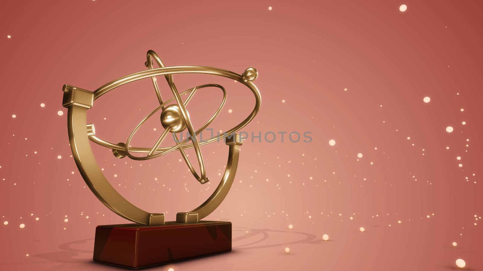 An optical art 3d illustration of a golden pendulum swinging in three spheres back and forth with shimmering stars moving in the light brown background. It forms the spirit of future.