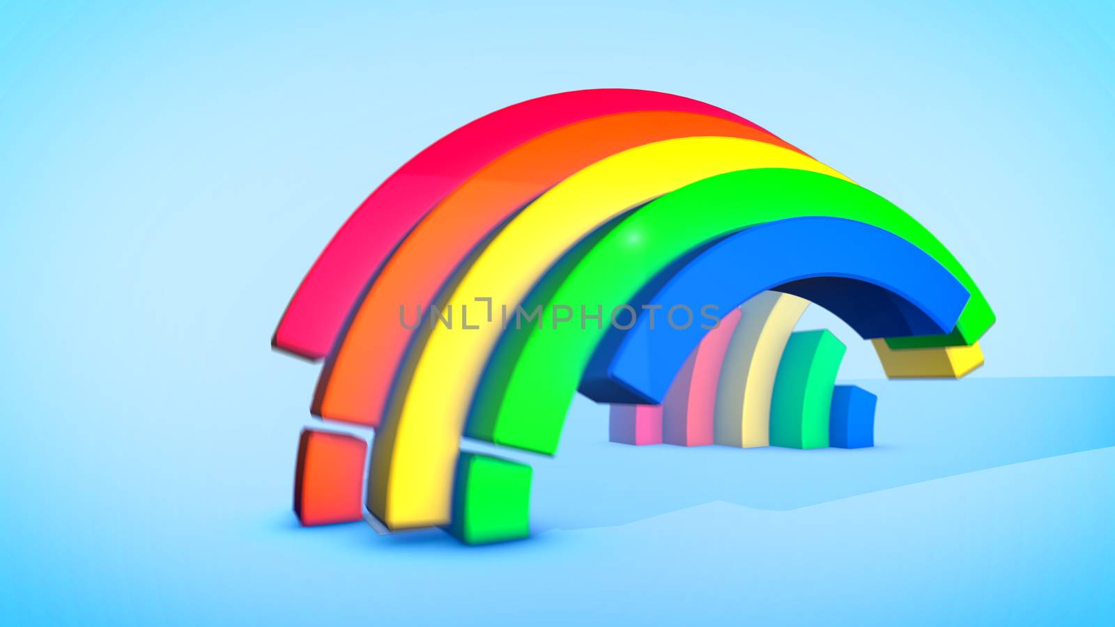 A splendid 3d illustration of two rainbow arches flying in different directions in the celeste background. They create the mood of joy, fun and optimism.