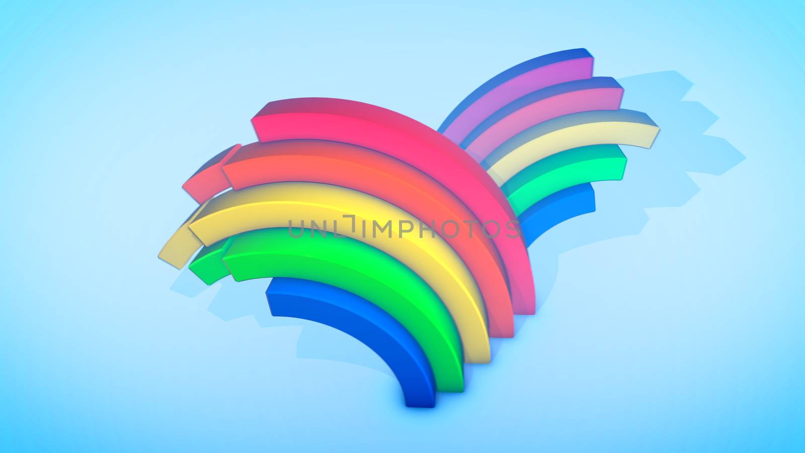 A funny 3d illustration of two rainbow arches springing up and down in spiral ways in the celeste background. They form the spirit of fun, happiness and youth.