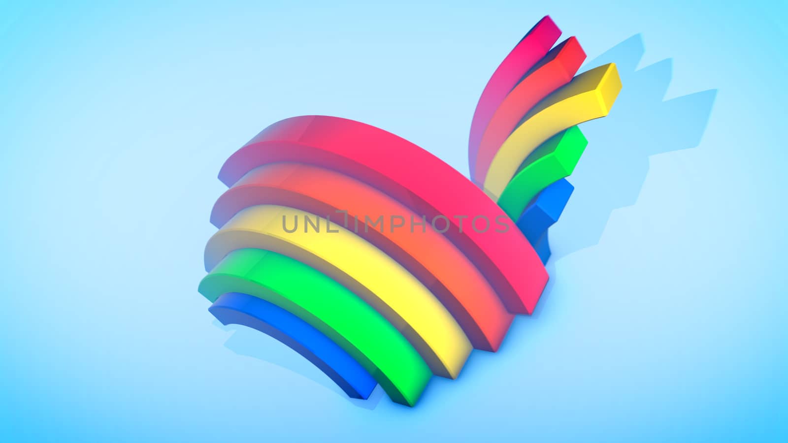 A cheery 3d illustration of two rainbow arces jumping up and down in spiral ways in the celeste background. They generate the mood of cheerfulness, fun and optimism.