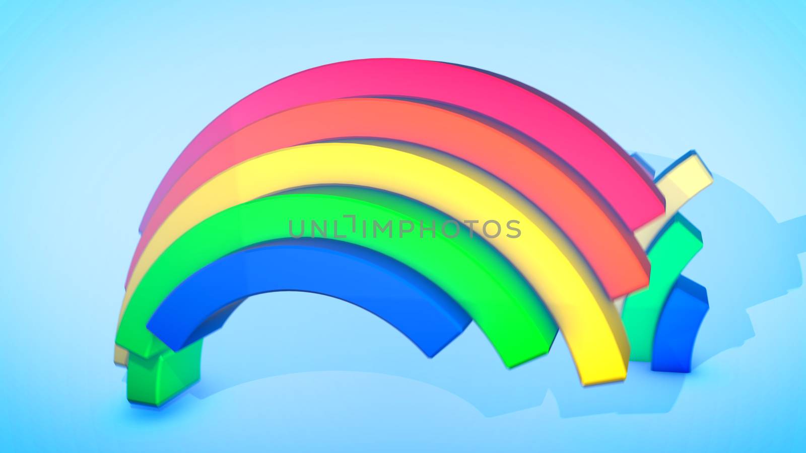 An optimistic 3d illustration of two rainbow arches appearing and dissapearing in spiral ways in the celeste background. They generate the mood of celebration, fun and spring.