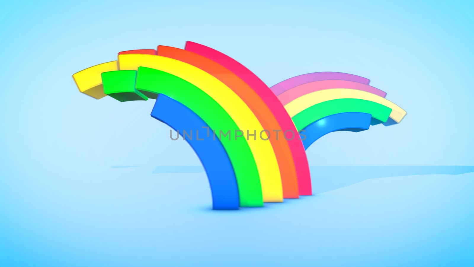 A merry 3d illustration of two rainbow arches placed horizontally in spiral ways in the celeste background. They generate the spirit of joy, festival and happiness.