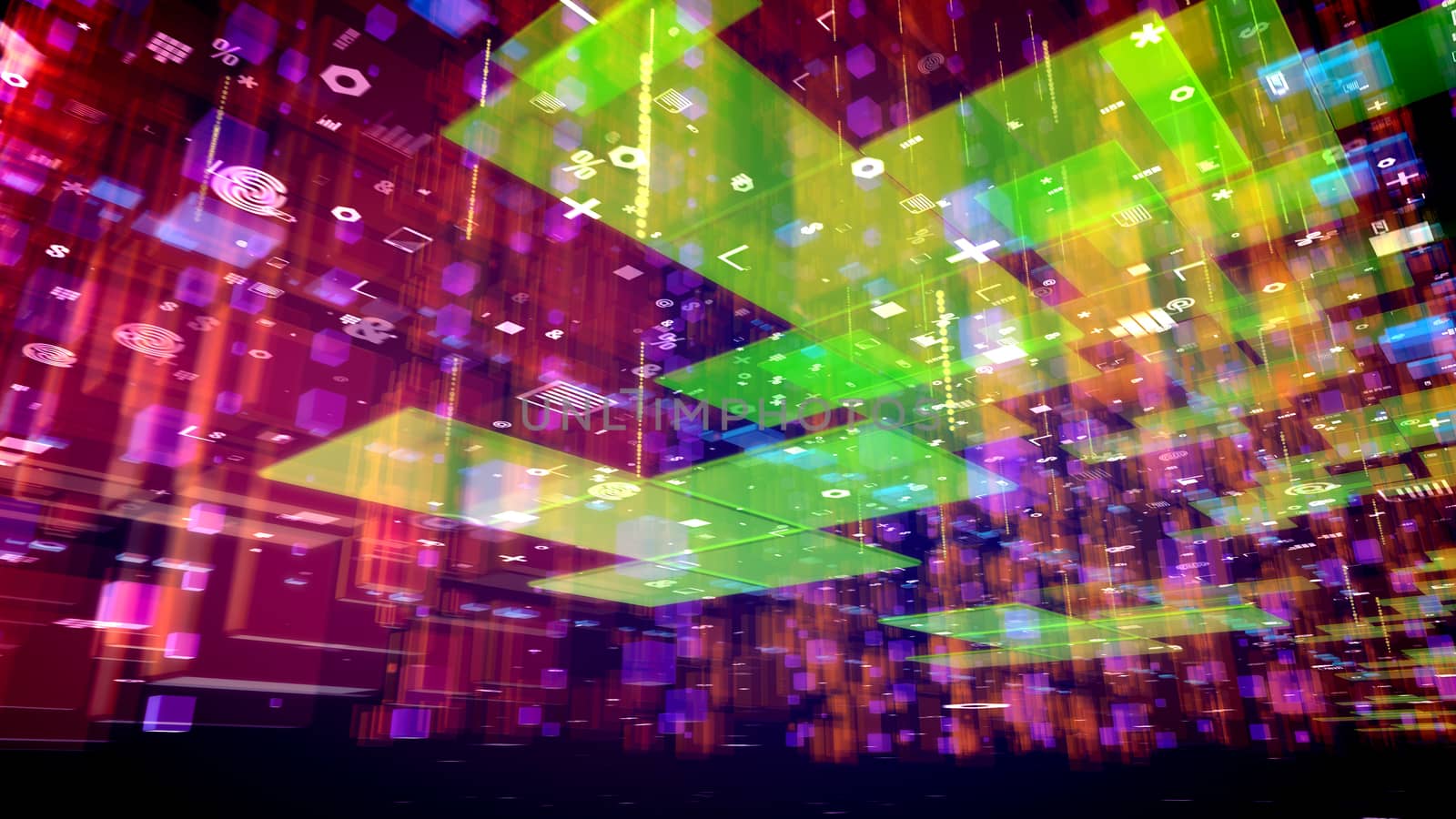 A mesmerizing 3d illustration of volumetric cyber universe with rushing diagonally computer signs including fingerprints, ampersans, locks, percent, texts, in the violet and yellow backdrop.