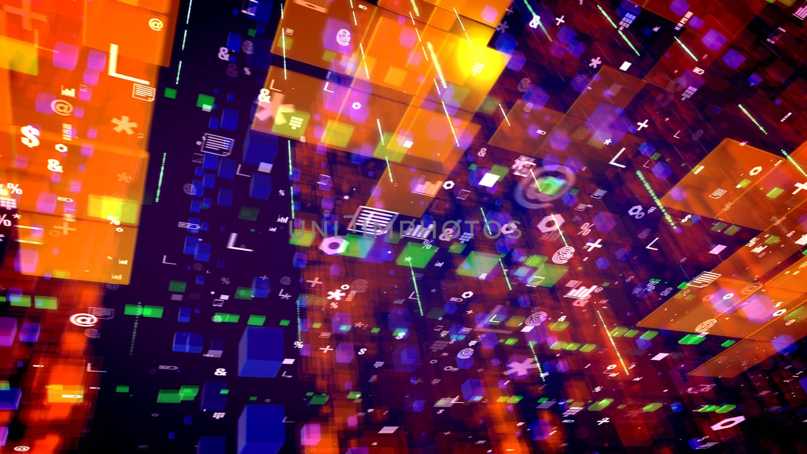 A futuristic 3d illustration of holographic cyberspace with moving aslant computer signs including hexagons, percent, dollars, grates, texts, in the violet and orange background.