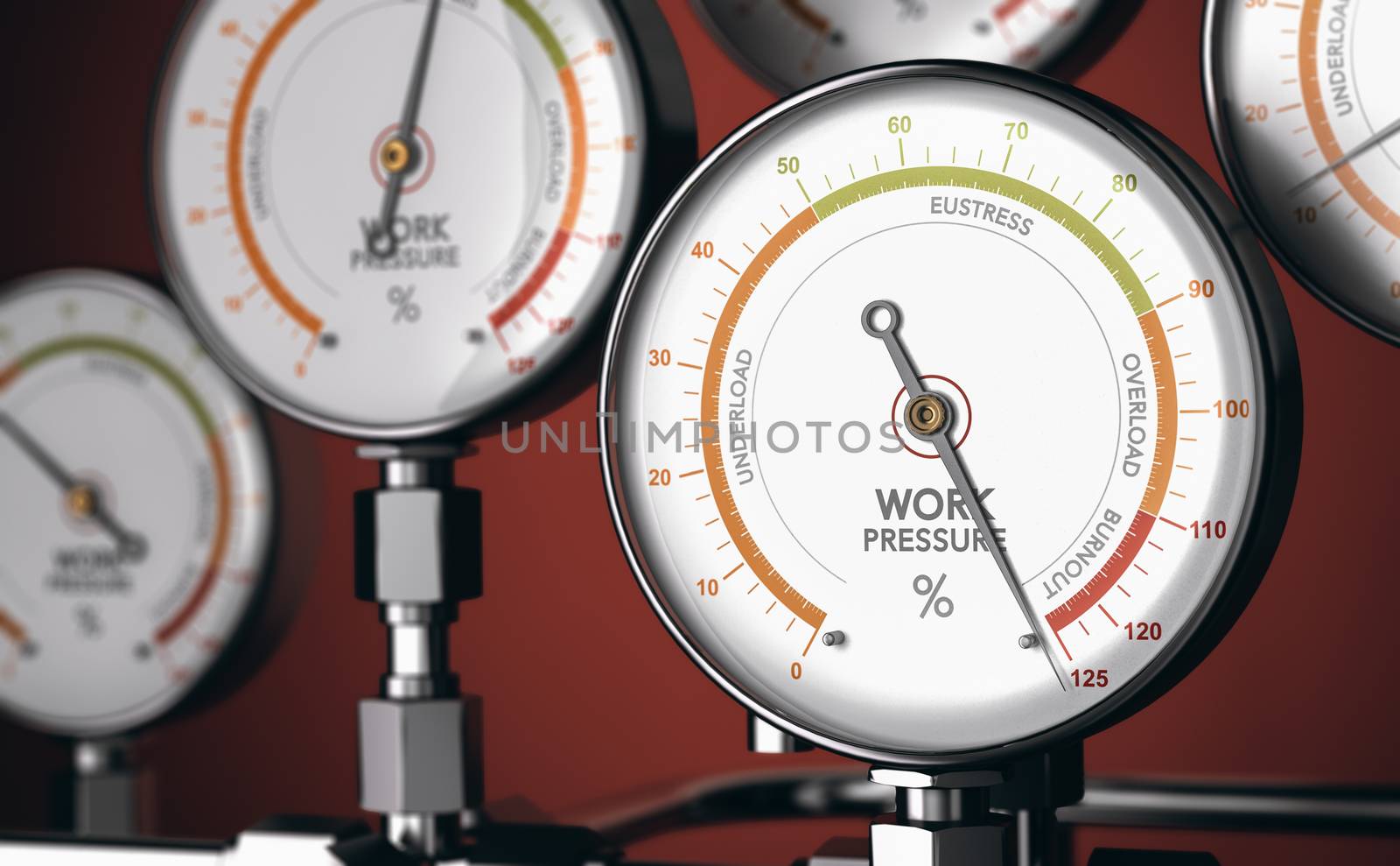 3D illustration of gauges with one with the needle pointing the burnout position. Concept of occupational burn-out