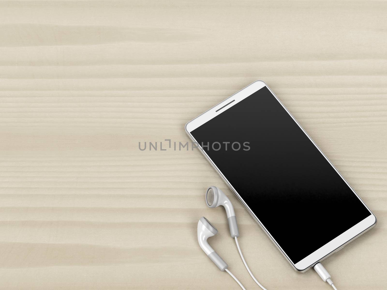 Smartphone with blank display and earphones on wood table, top view