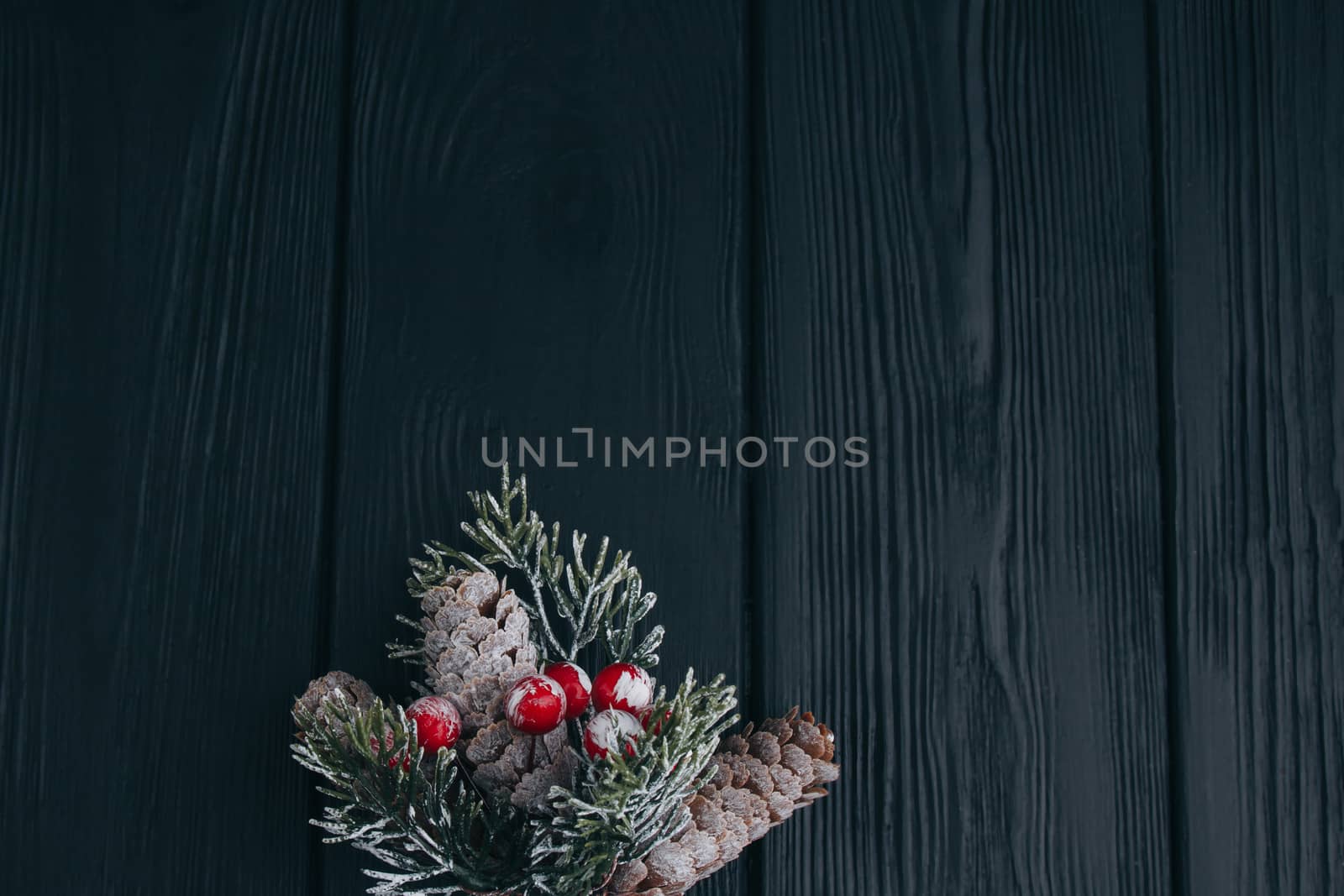 Christmas composition. Fir branches needles and berries of viburnum on a black background. New Year's composition