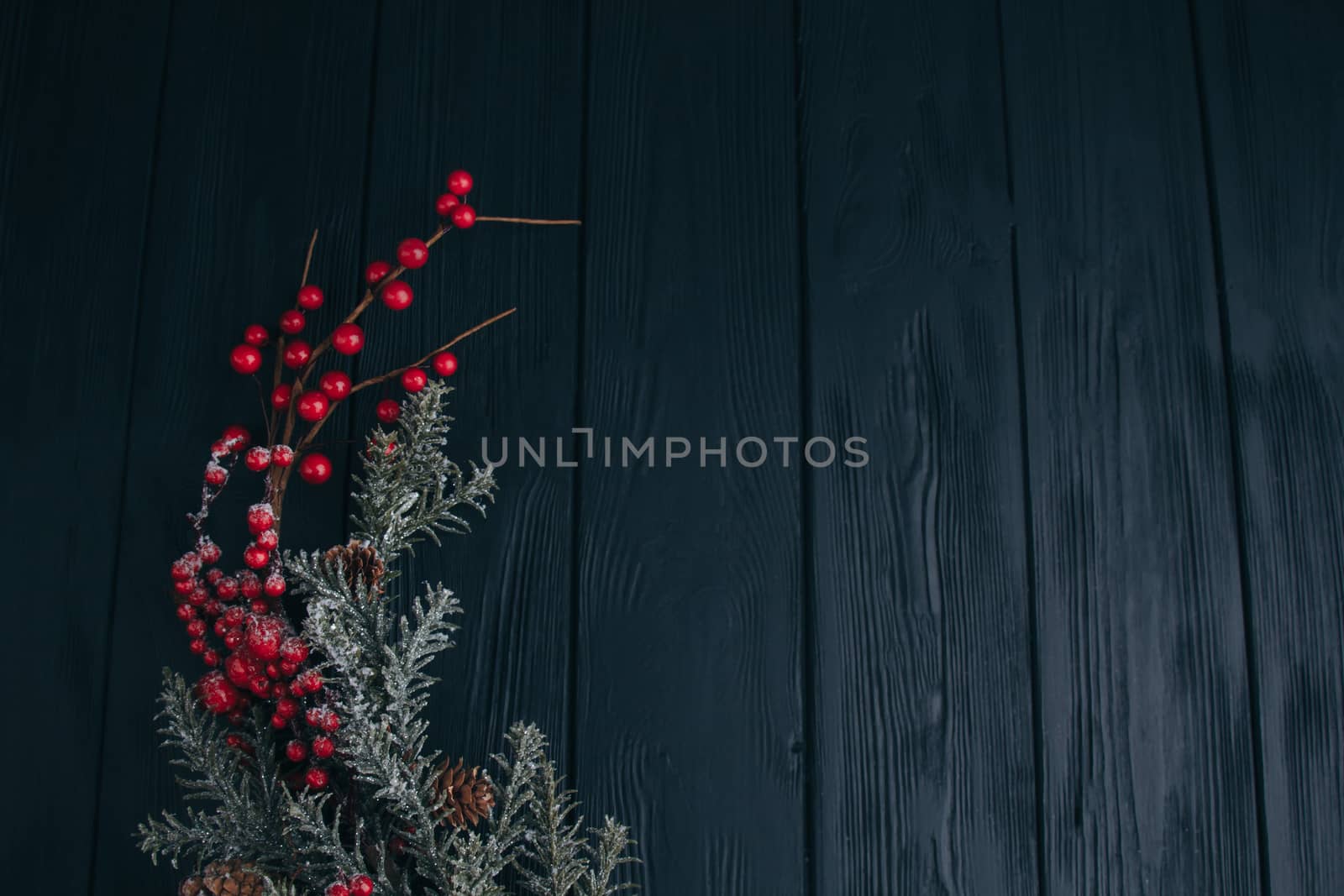 Christmas composition. Fir branches needles and berries of viburnum on a black background. New Year's composition