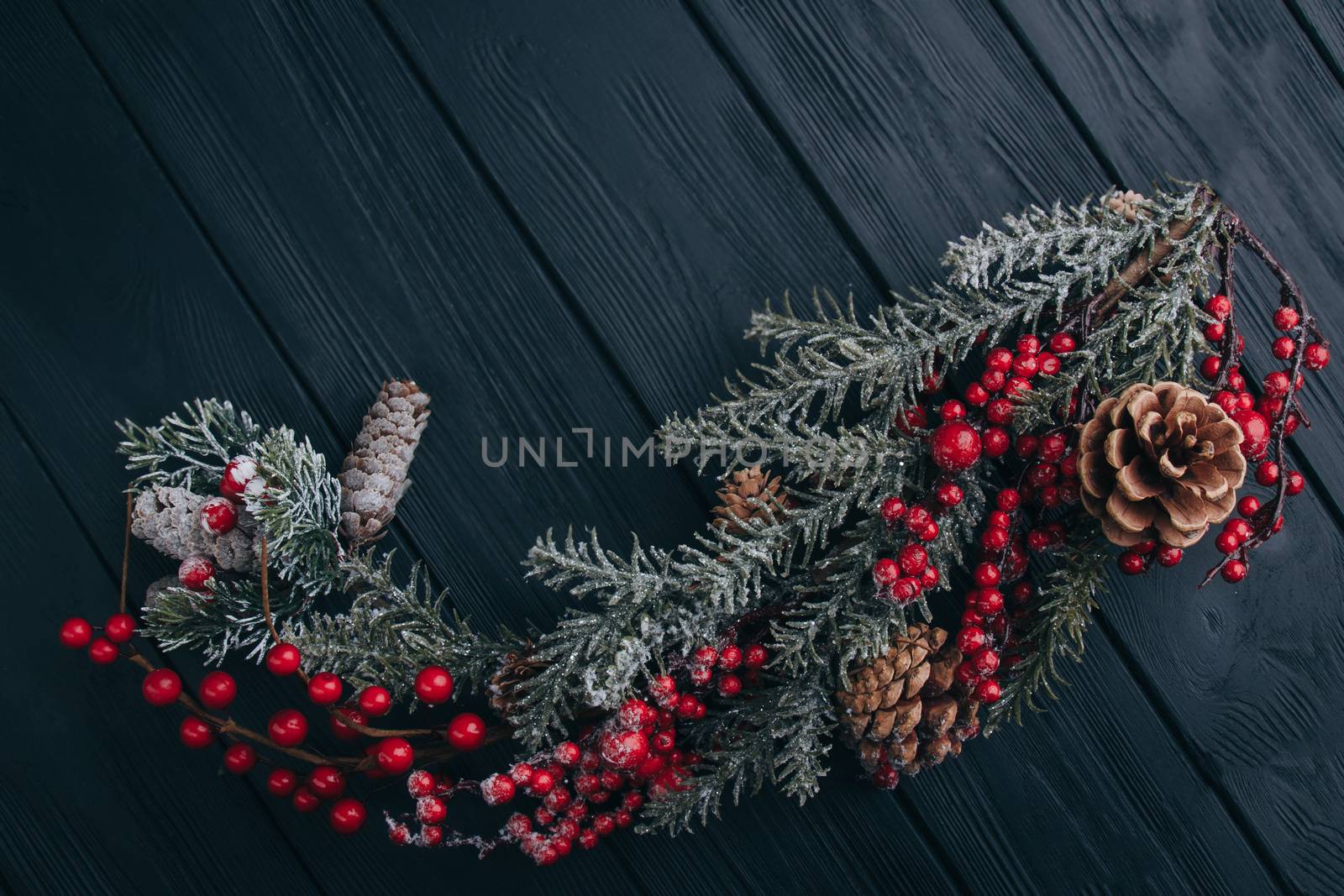 Christmas composition. Fir branches and berries of viburnum on a black background. New Year's composition by yulaphotographer