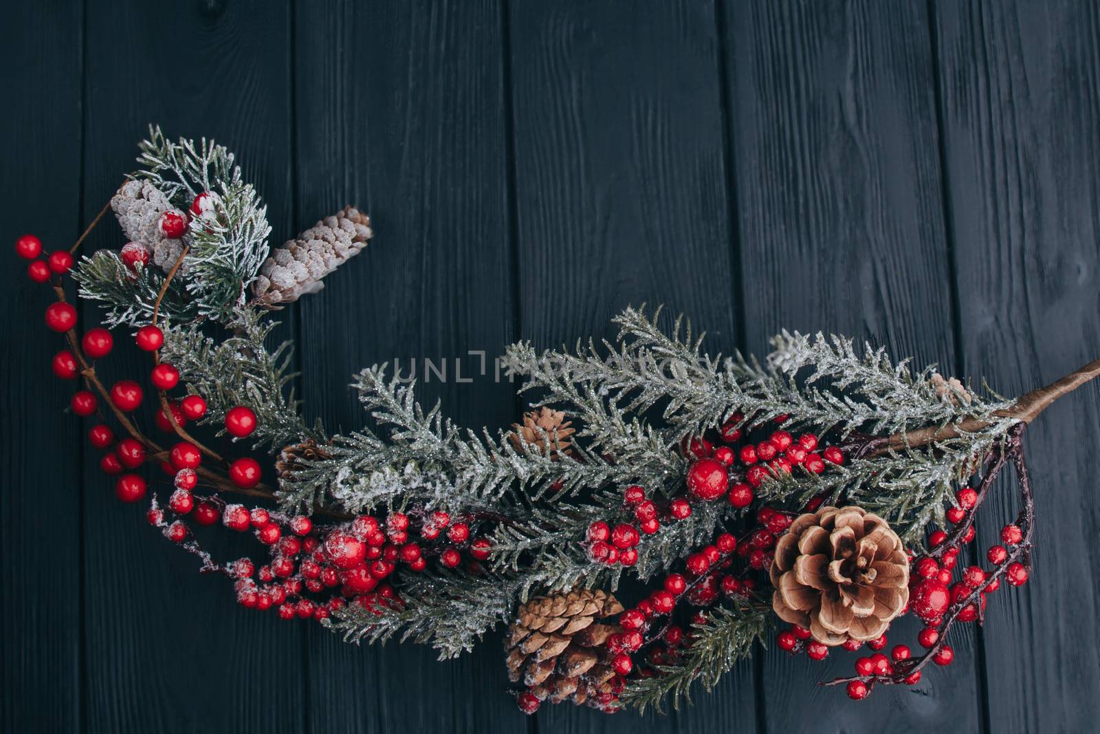 Christmas composition. Fir branches needles and berries of viburnum on a black background. New Year's composition