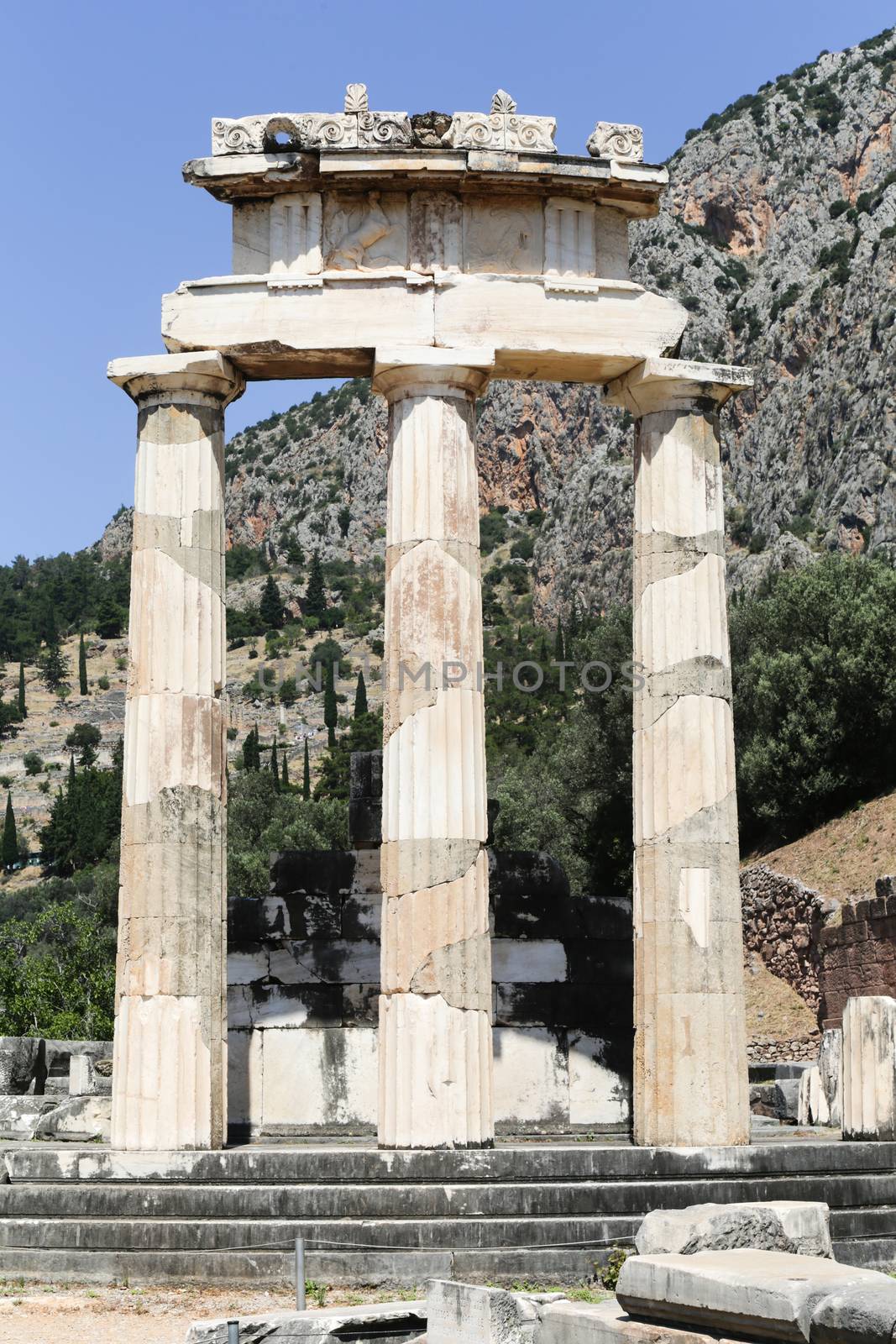 The ruins in Delphi, an archaeological site in Greece at the Mount Parnassus. Delphi is famous by the oracle at the sanctuary dedicated to Apollo. UNESCO World heritage