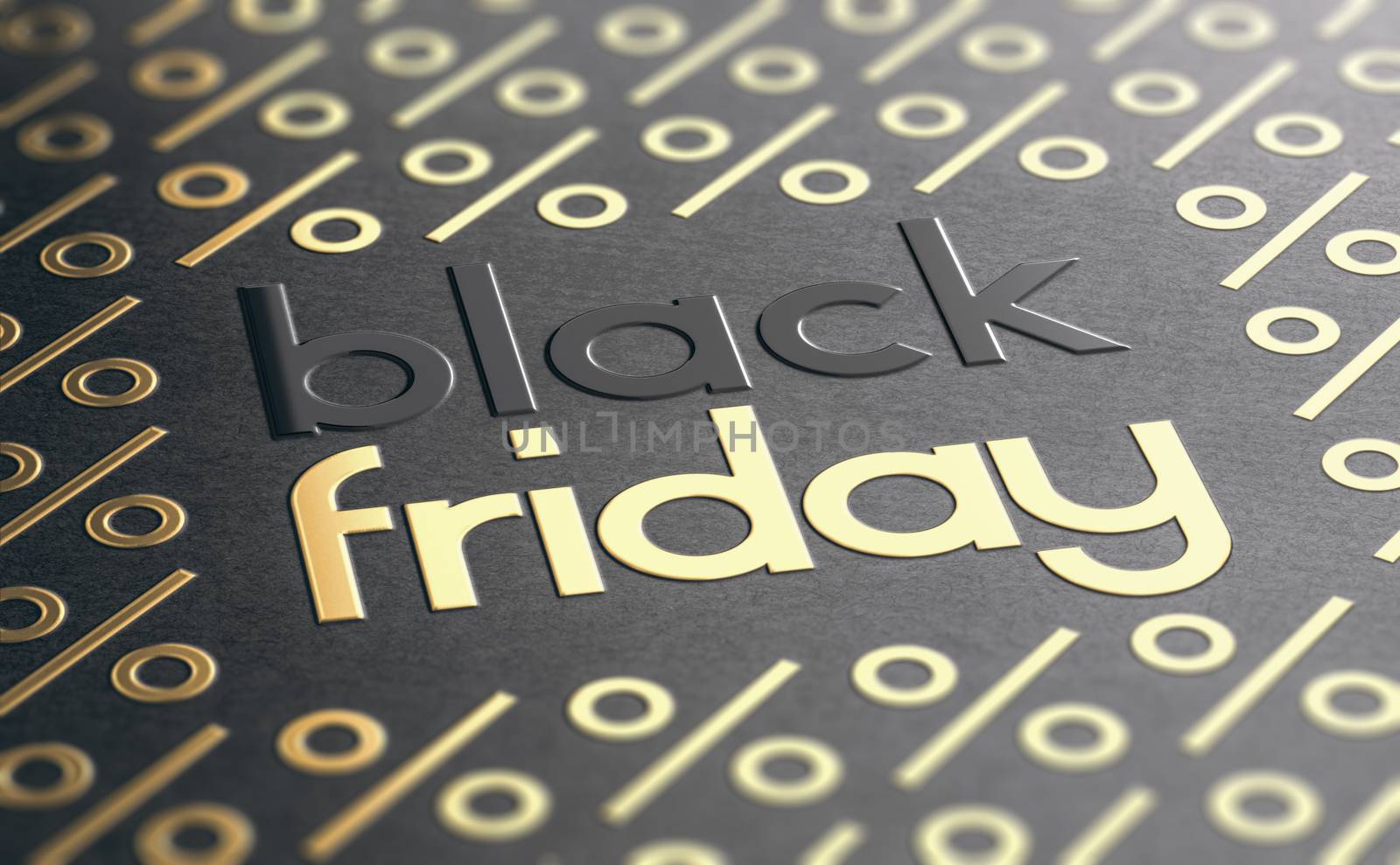 Text Black Friday embossed on paper texture with golden percent symbols. Sale event background. 3D illustration.