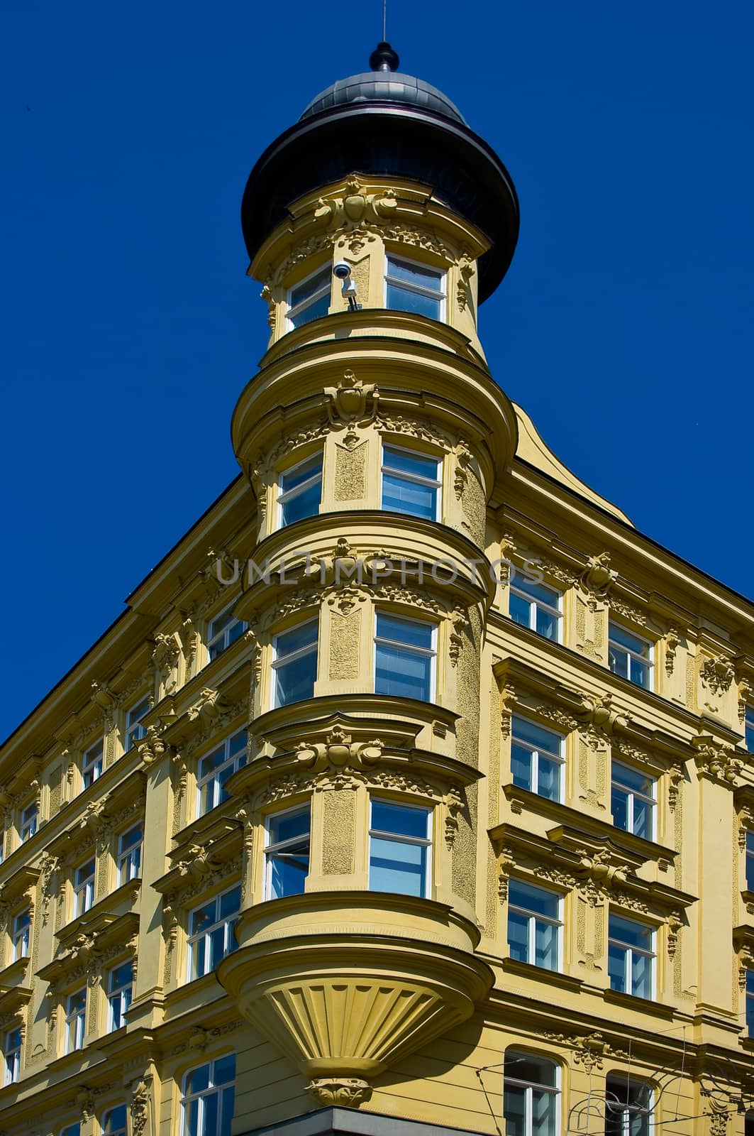 The corner of a historic building in Brno.