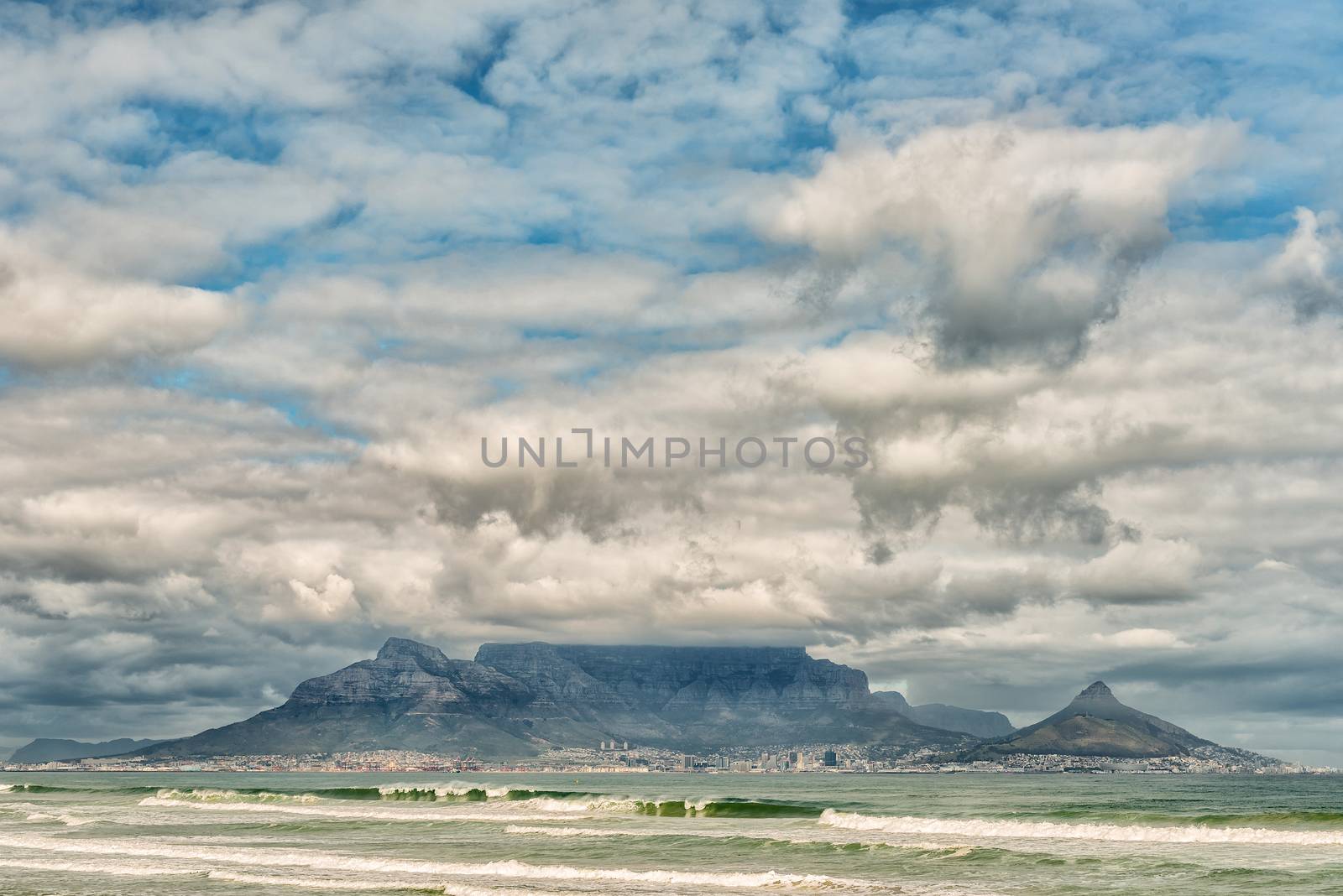 The Cape Town Central Business District and Table Mountain as seen across Table Bay from Bloubergstrand