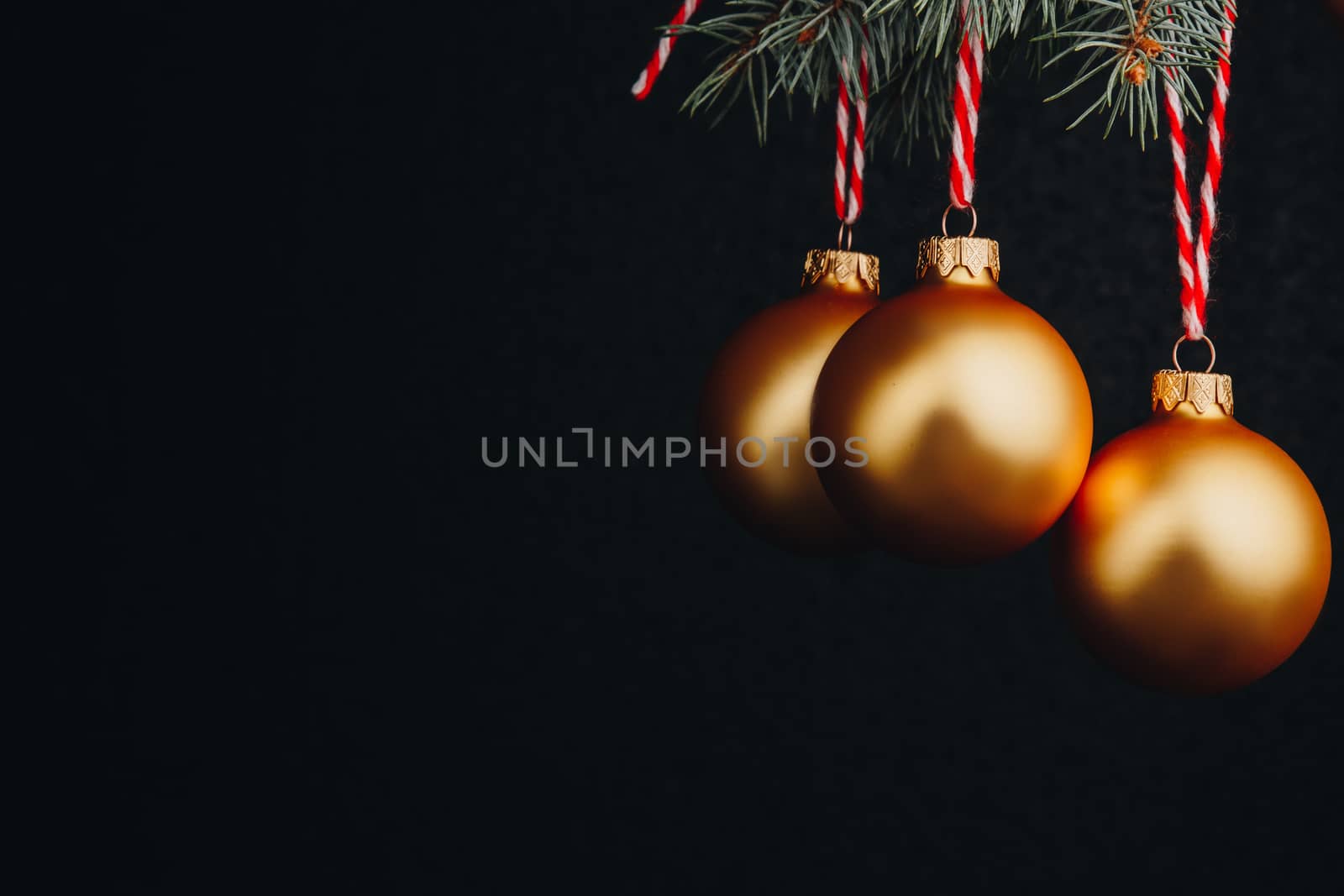 christmas and new year gift-card. branches of fir-tree and decoration with golden balls with red thread on a black background isolated close up by yulaphotographer