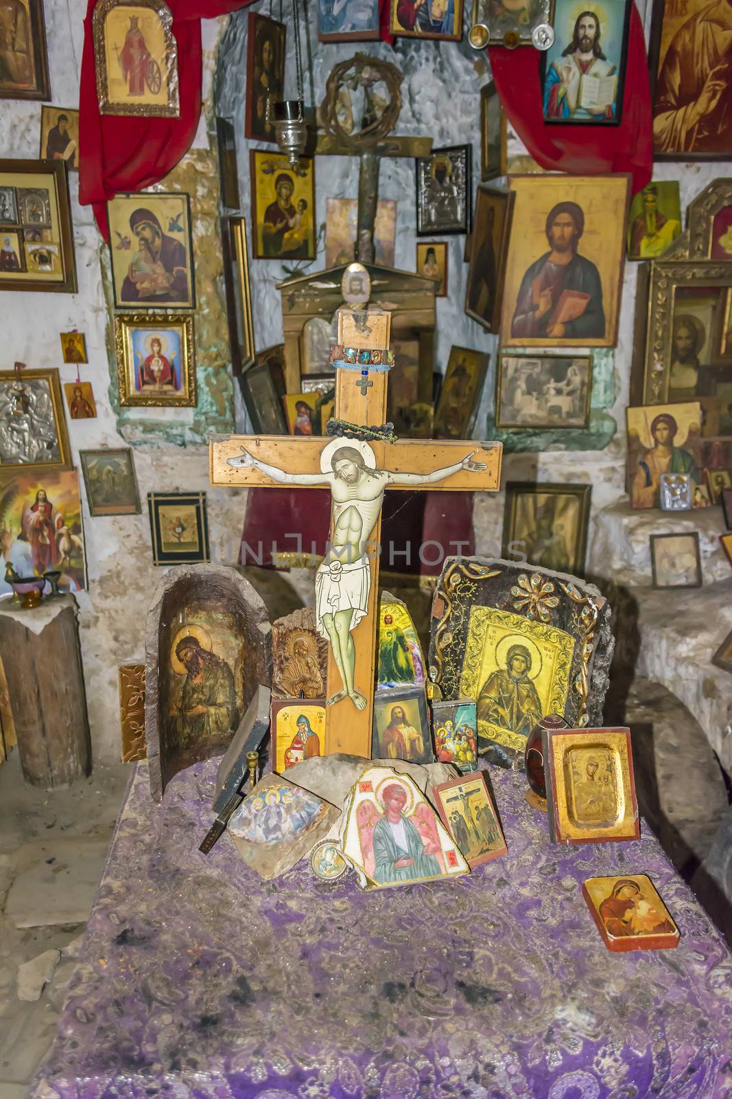 Iconostasis in lost chapel in forest near Kaisariani, Athens, Greece by ankarb