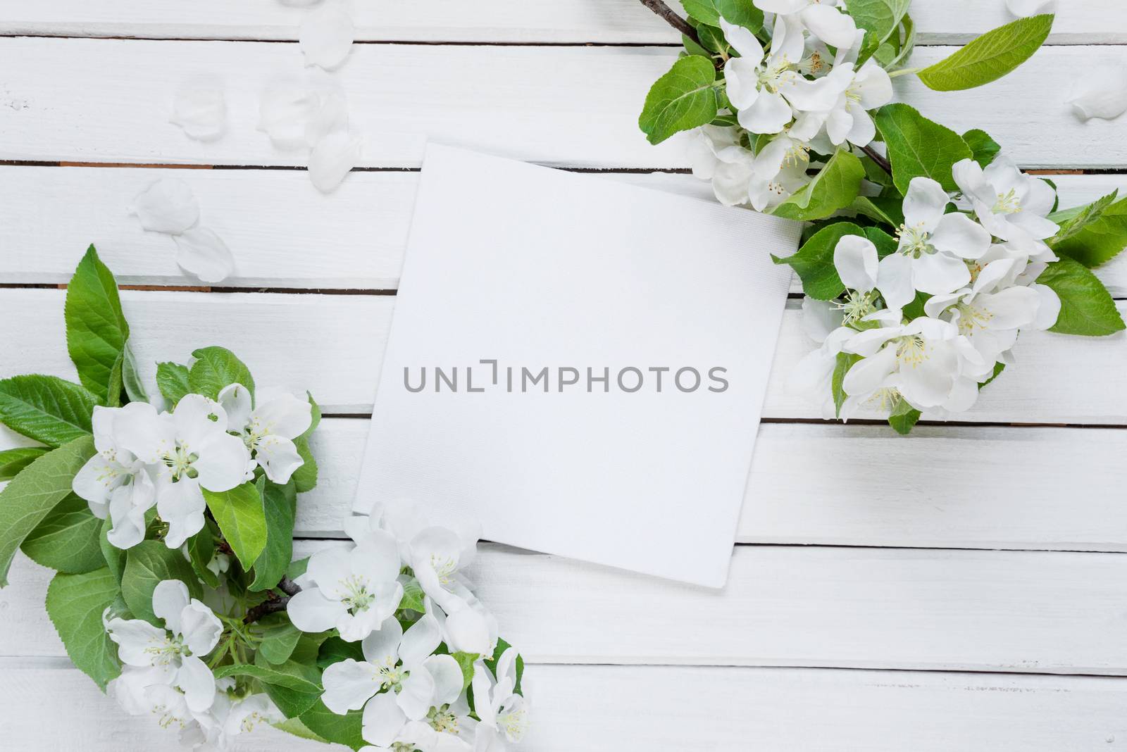 Scrapbook page of wedding or family photo album with copy-space, frame with white flowers and green leaves on light wooden background; top view, flat lay, overhead view. Mocap