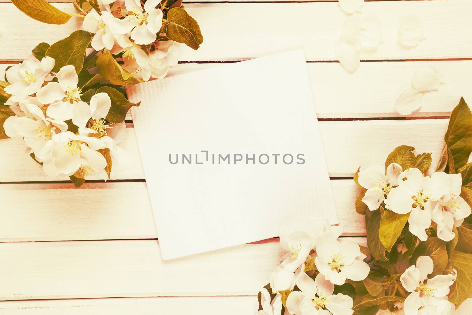 Scrapbook page of wedding or family photo album with copy-space, frame with white flowers and green leaves on light wooden background; top view, flat lay, overhead view. Toned image. Mocap