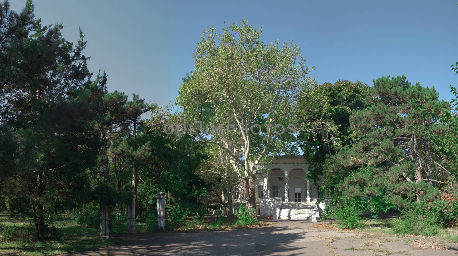 Old abandoned Chkalov sanatorium in Odessa, Ukraine, in a sunny summer day