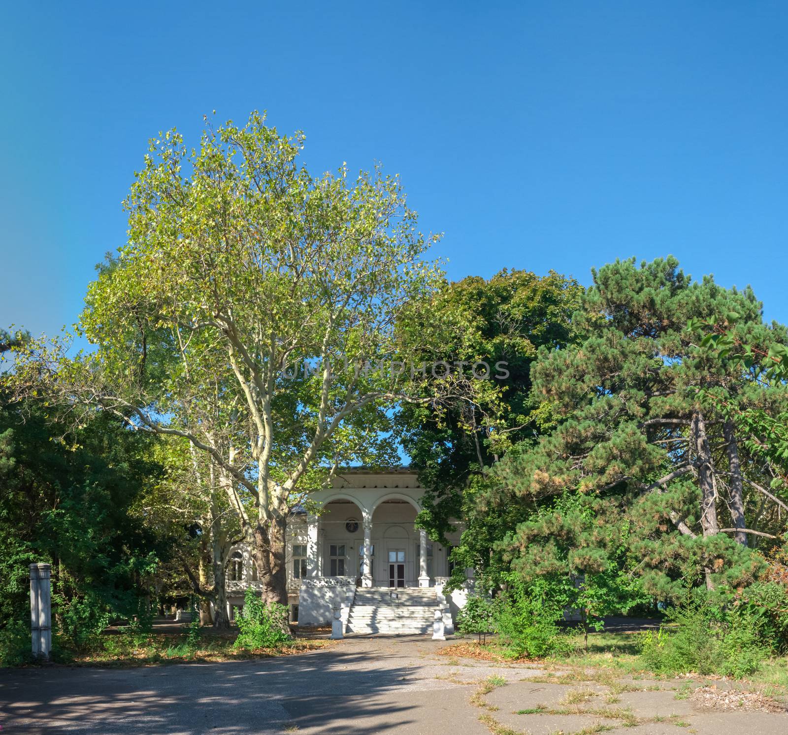 Old abandoned Chkalov sanatorium in Odessa, Ukraine, in a sunny summer day