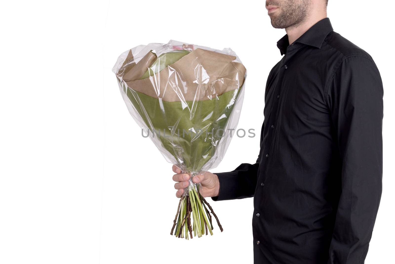 Man is giving flowers - Isolated on white