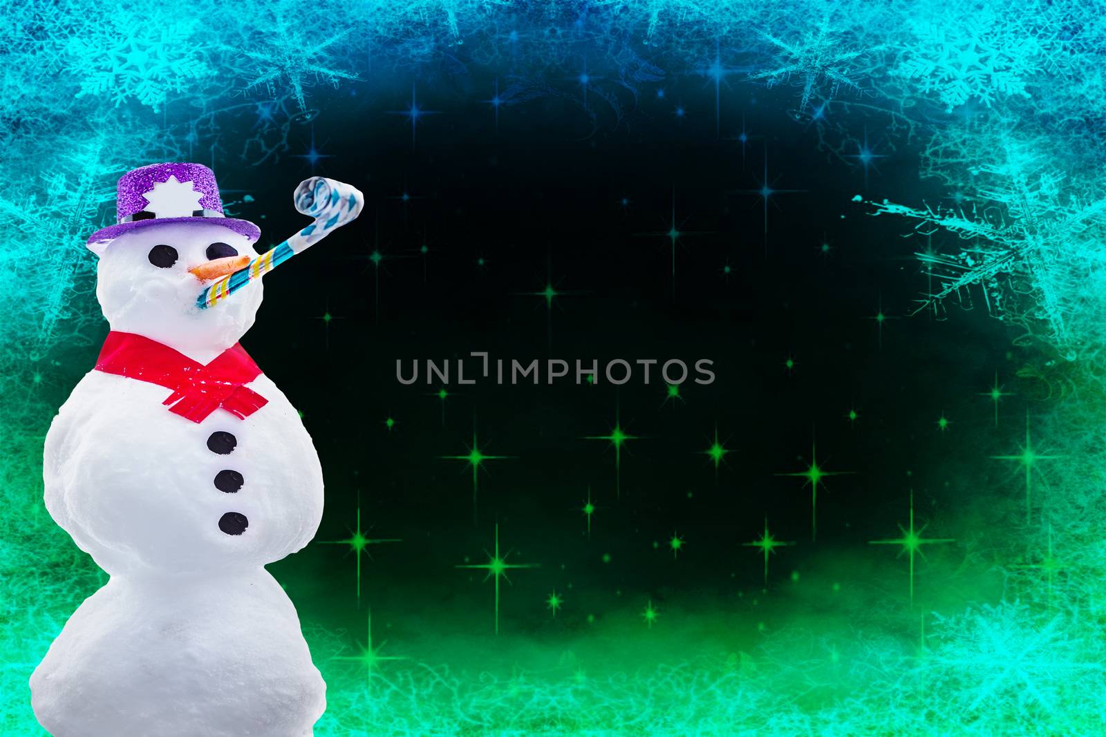 Merry christmas or happy new year card a funny partying snowman isolated on a frozen background with stars and snowflakes